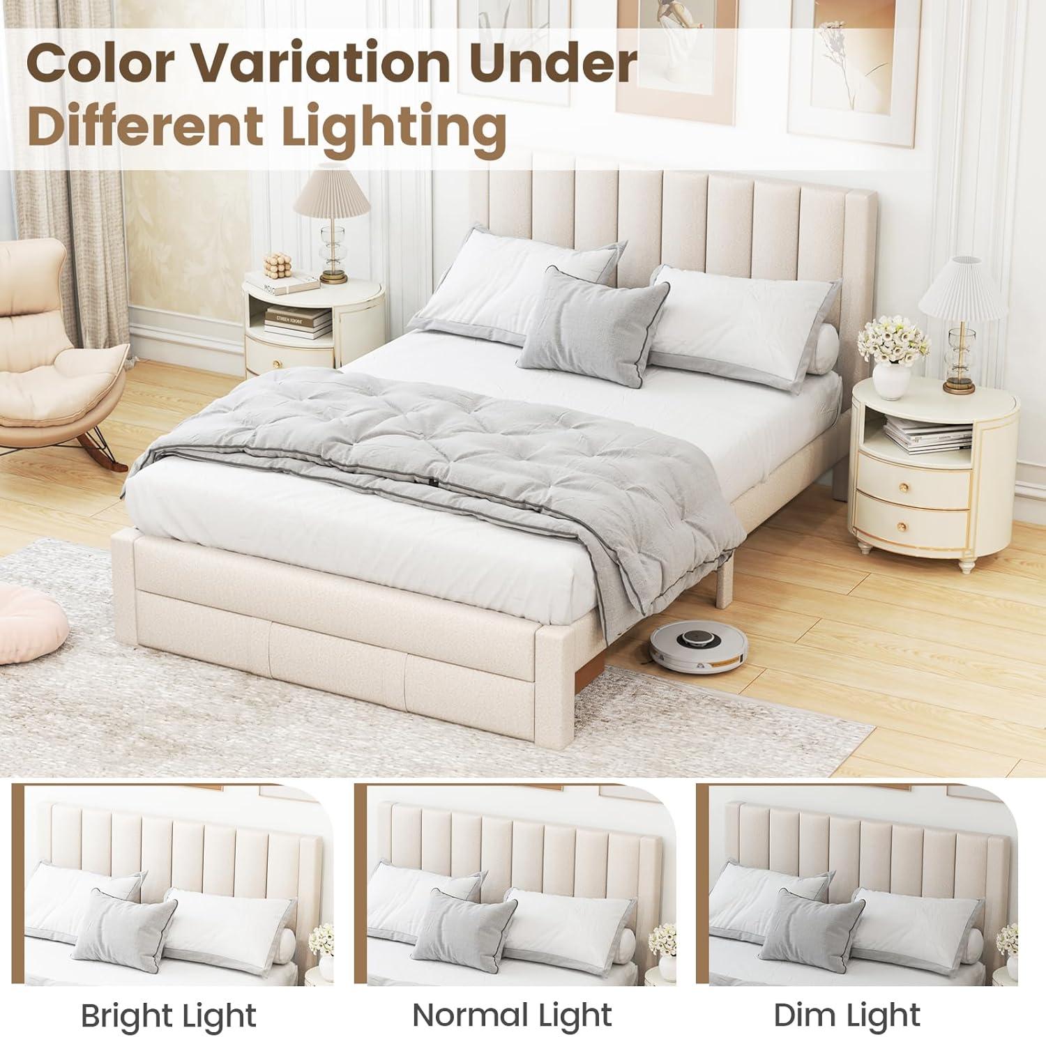 image:imageGiantex Queen Size Bed Frame with Storage Drawer Upholstered Velvet Platform Bed with Vertical Channel Headboard Wooden Slats Support Mattress Foundation No Box Spring Needed BeigeBeige