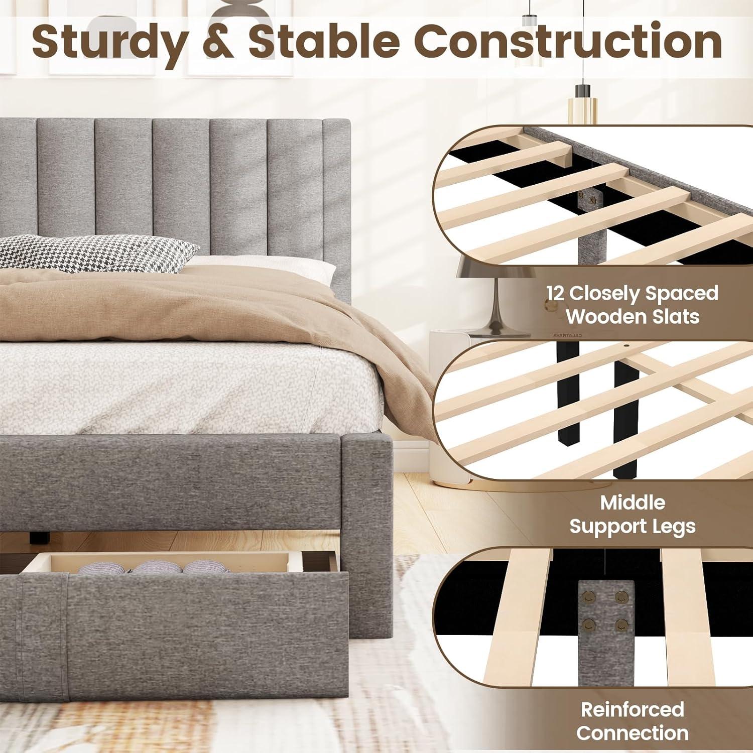 image:imageGiantex Queen Size Bed Frame with Storage Drawer Upholstered Velvet Platform Bed with Vertical Channel Headboard Wooden Slats Support Mattress Foundation No Box Spring Needed BeigeGrey