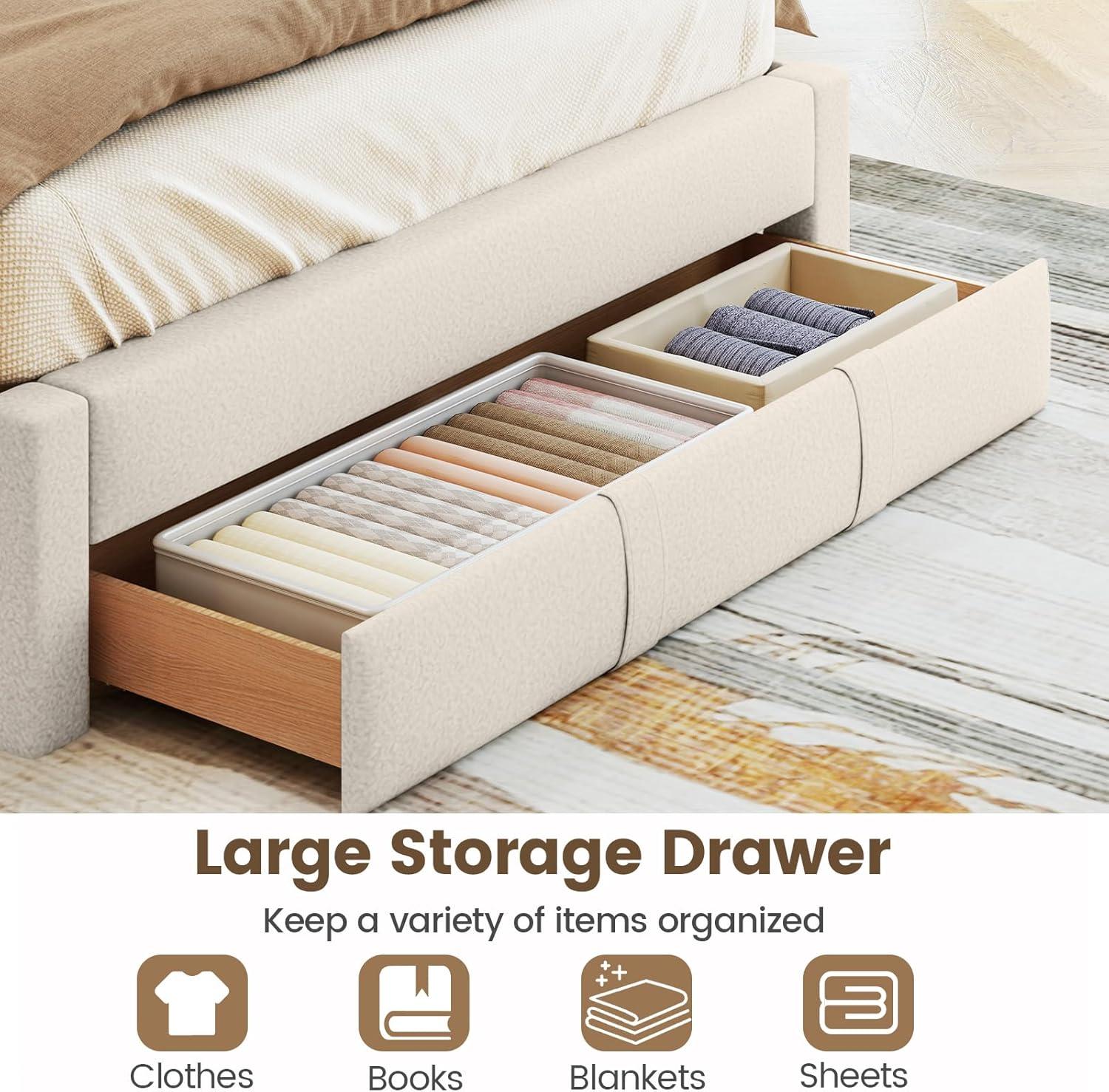 image:imageGiantex Queen Size Bed Frame with Storage Drawer Upholstered Velvet Platform Bed with Vertical Channel Headboard Wooden Slats Support Mattress Foundation No Box Spring Needed BeigeBeige