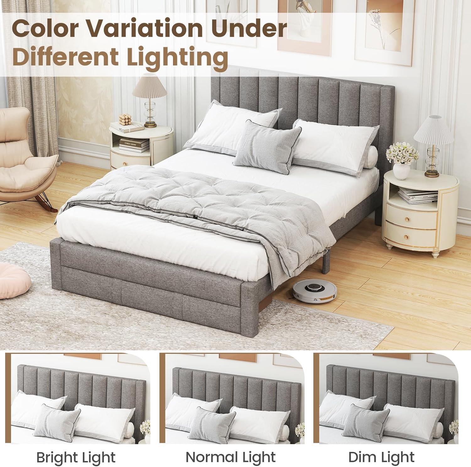 image:imageGiantex Queen Size Bed Frame with Storage Drawer Upholstered Velvet Platform Bed with Vertical Channel Headboard Wooden Slats Support Mattress Foundation No Box Spring Needed BeigeGrey