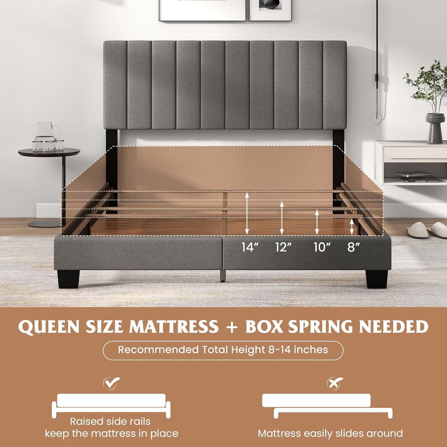 image:imageGiantex Queen Size Platform Bed Frame Box Spring Needed Modern Upholstered Mattress Foundation with Linen Fabric Headboard Solid Wood Legs No Slatted Bed Frame for Adjustable Bed Base Gray