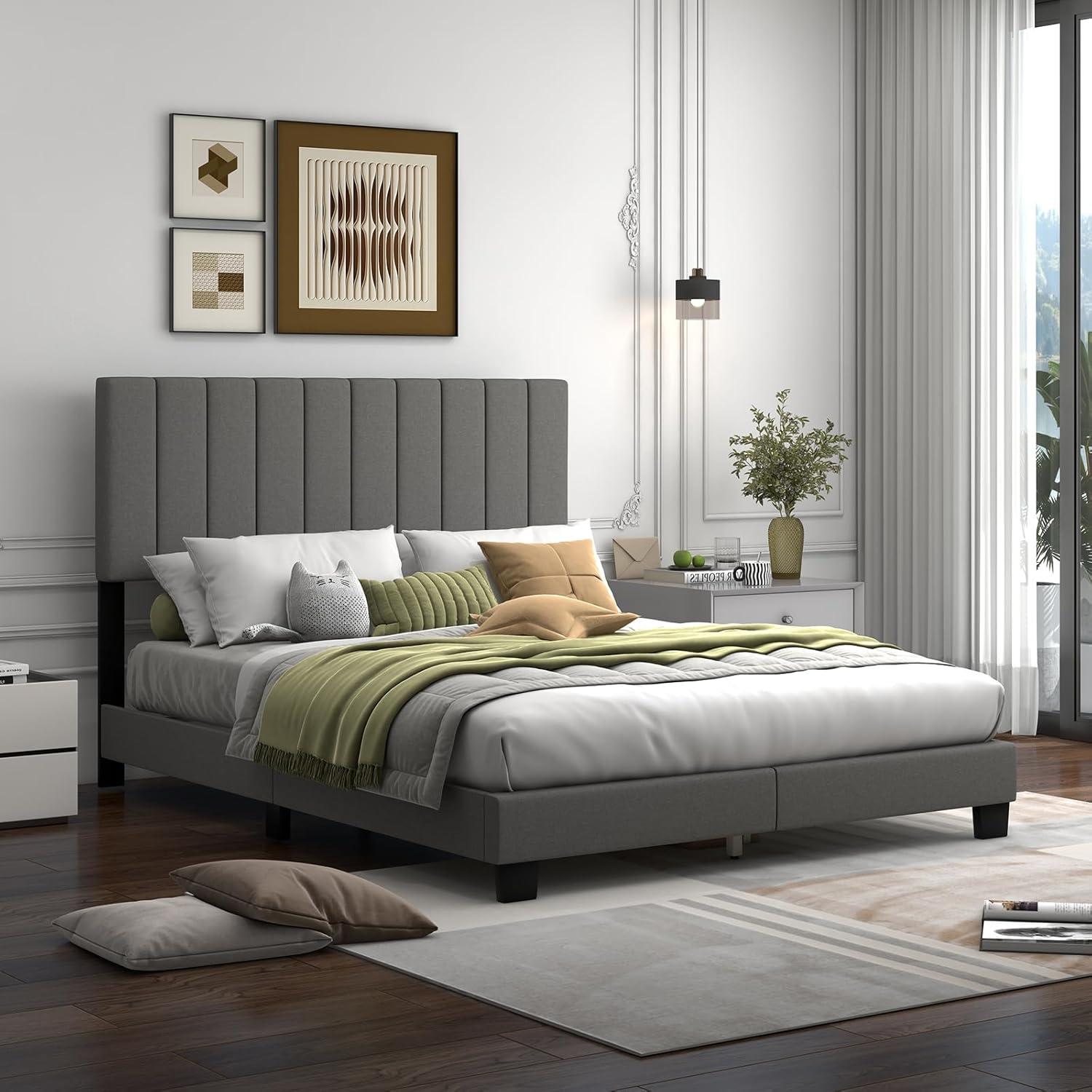 image:imageGiantex Queen Size Platform Bed Frame Box Spring Needed Modern Upholstered Mattress Foundation with Linen Fabric Headboard Solid Wood Legs No Slatted Bed Frame for Adjustable Bed Base Gray