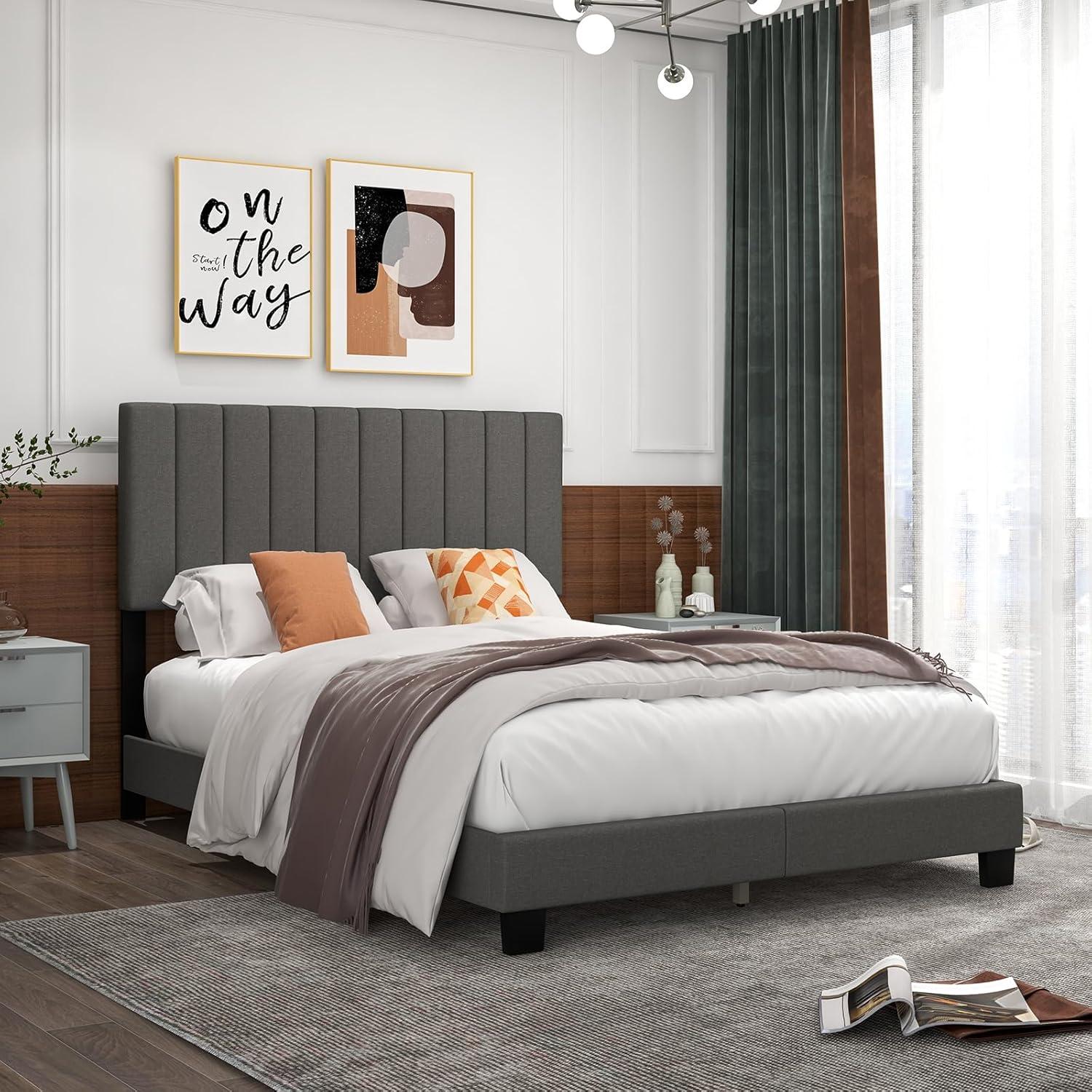 image:imageGiantex Queen Size Platform Bed Frame Box Spring Needed Modern Upholstered Mattress Foundation with Linen Fabric Headboard Solid Wood Legs No Slatted Bed Frame for Adjustable Bed Base Gray