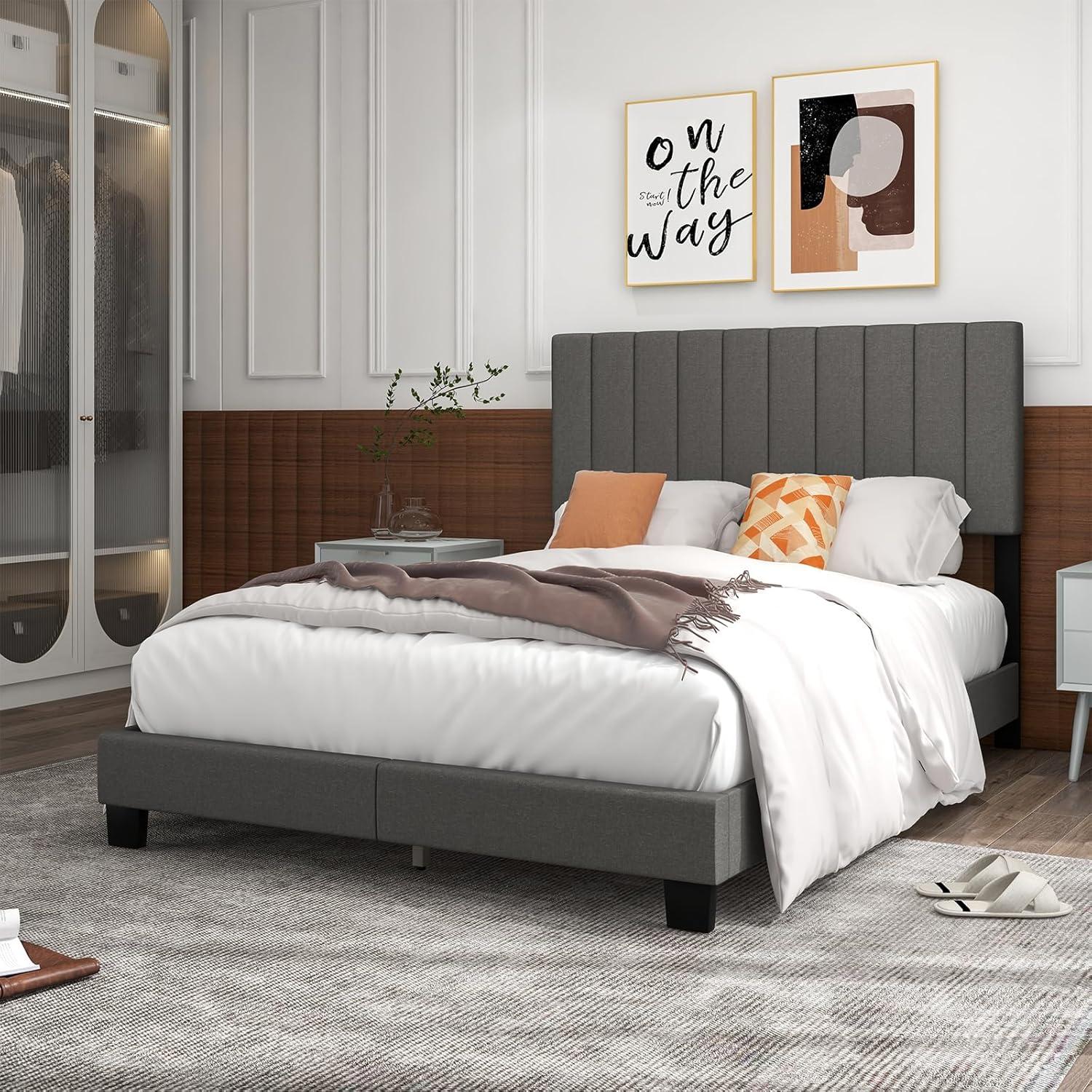 image:imageGiantex Queen Size Platform Bed Frame Box Spring Needed Modern Upholstered Mattress Foundation with Linen Fabric Headboard Solid Wood Legs No Slatted Bed Frame for Adjustable Bed Base Gray