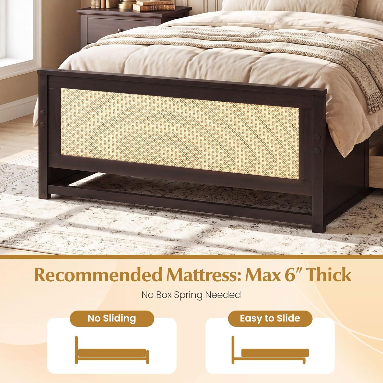 image:imageGiantex Rattan Bed Frame with 2 Storage Drawers Twin Size Boho Platform Beds wHeadboard amp Footboard Wood Mattress Foundation Twin Bed Frames for Kids Adults No Box Spring Needed White TwinEspresso