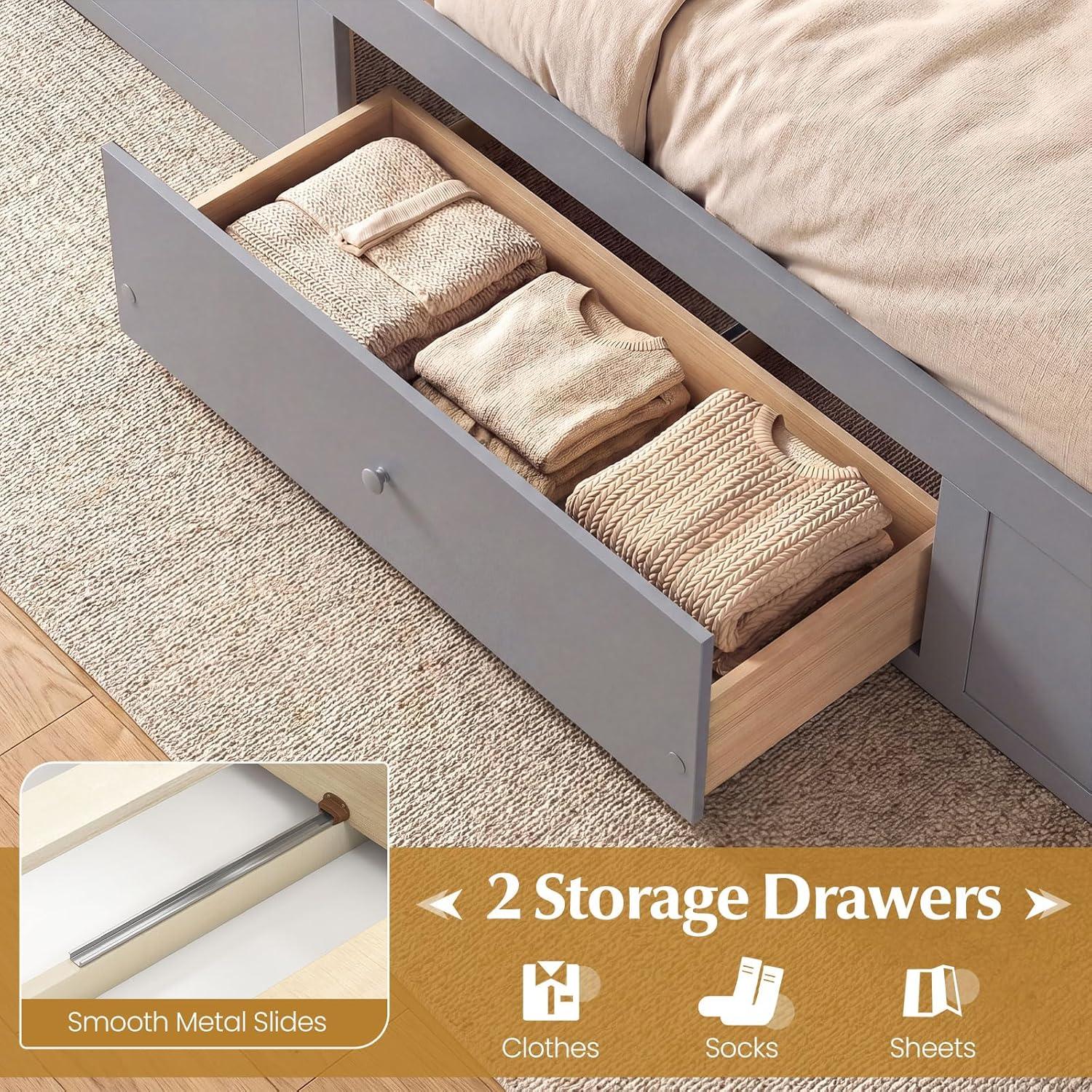image:imageGiantex Rattan Bed Frame with 2 Storage Drawers Twin Size Boho Platform Beds wHeadboard amp Footboard Wood Mattress Foundation Twin Bed Frames for Kids Adults No Box Spring Needed White TwinGrey