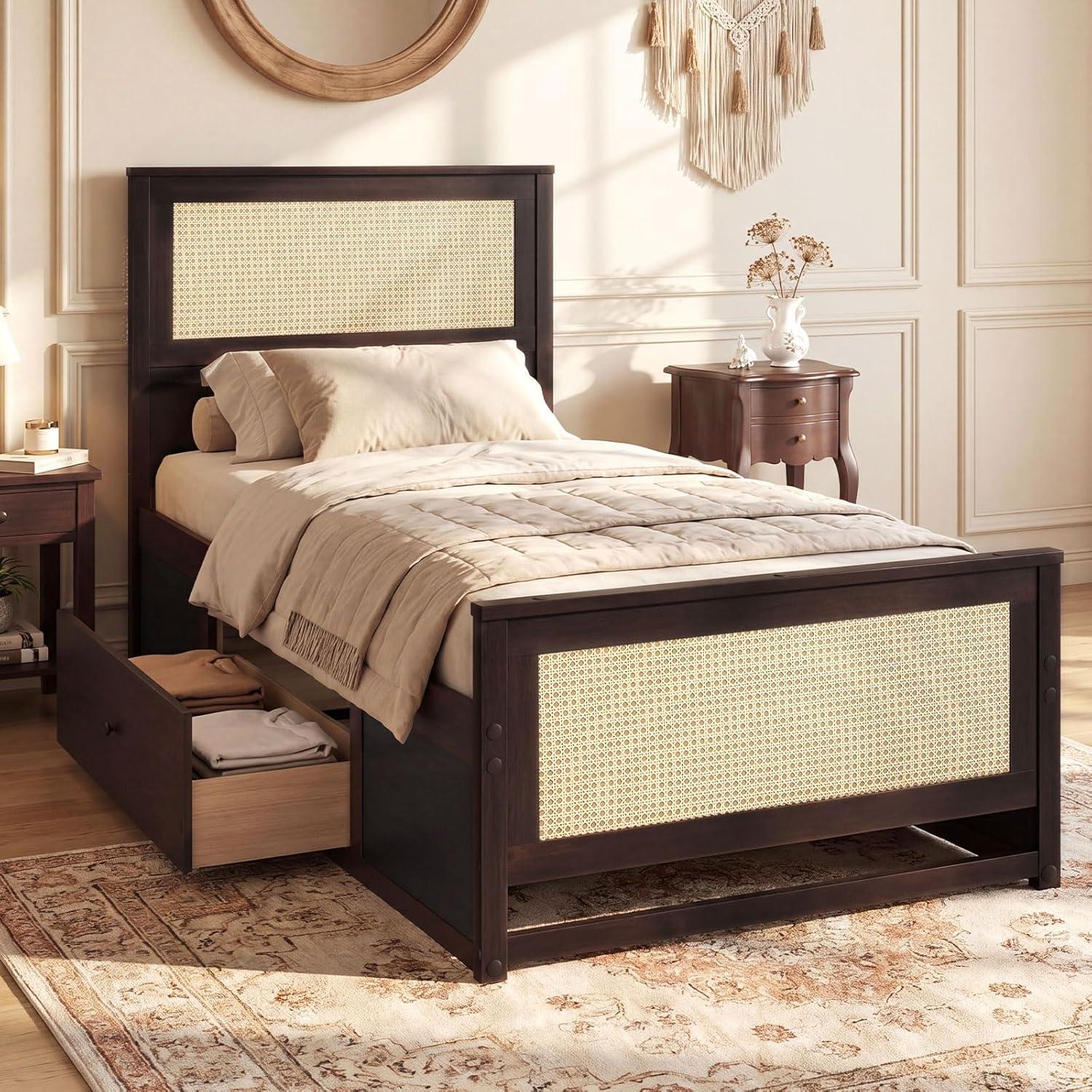 image:imageGiantex Rattan Bed Frame with 2 Storage Drawers Twin Size Boho Platform Beds wHeadboard amp Footboard Wood Mattress Foundation Twin Bed Frames for Kids Adults No Box Spring Needed White TwinEspresso