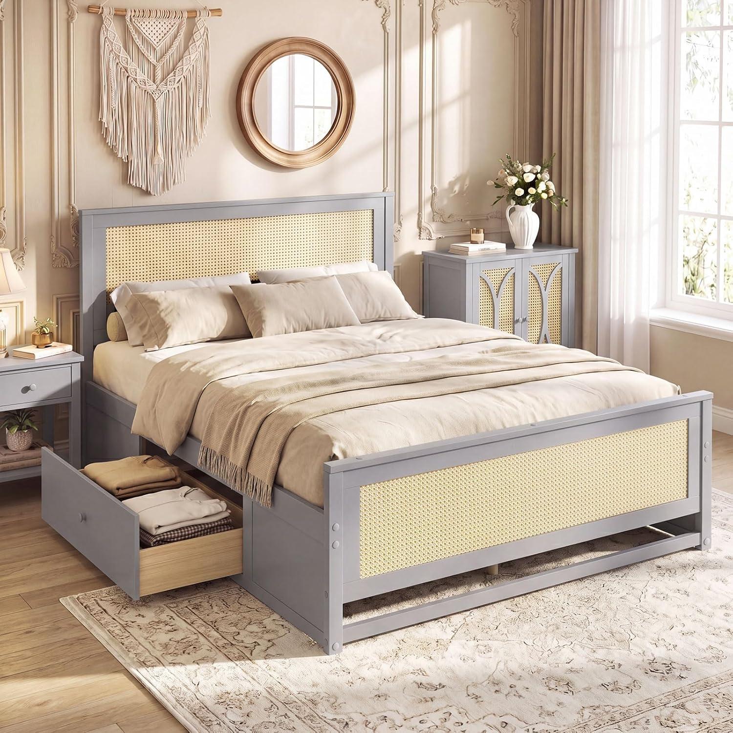 image:imageGiantex Rattan Bed Frame with 2 Storage Drawers Twin Size Boho Platform Beds wHeadboard amp Footboard Wood Mattress Foundation Twin Bed Frames for Kids Adults No Box Spring Needed White TwinGrey
