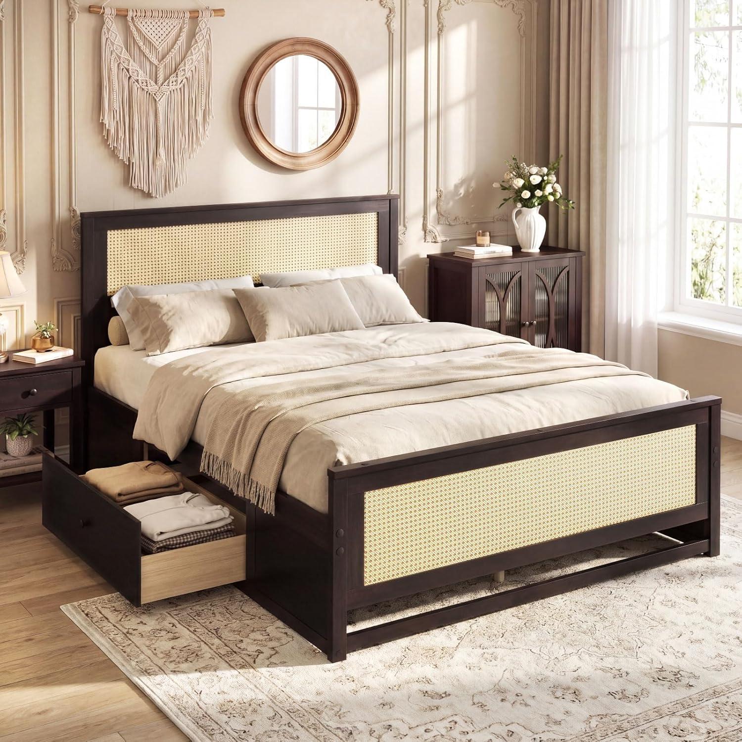 image:imageGiantex Rattan Bed Frame with 2 Storage Drawers Twin Size Boho Platform Beds wHeadboard amp Footboard Wood Mattress Foundation Twin Bed Frames for Kids Adults No Box Spring Needed White TwinEspresso