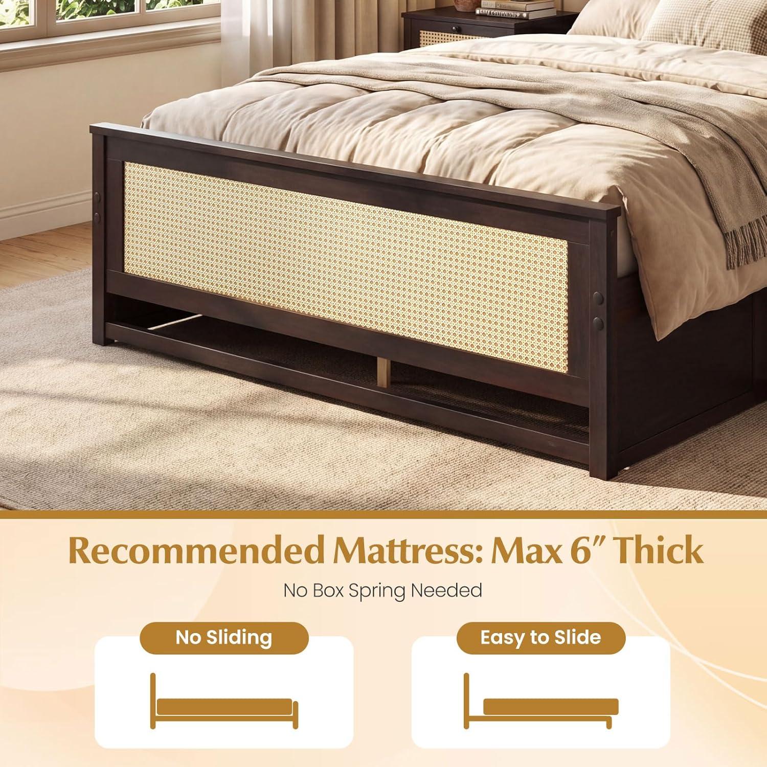 image:imageGiantex Rattan Bed Frame with 2 Storage Drawers Twin Size Boho Platform Beds wHeadboard amp Footboard Wood Mattress Foundation Twin Bed Frames for Kids Adults No Box Spring Needed White TwinEspresso