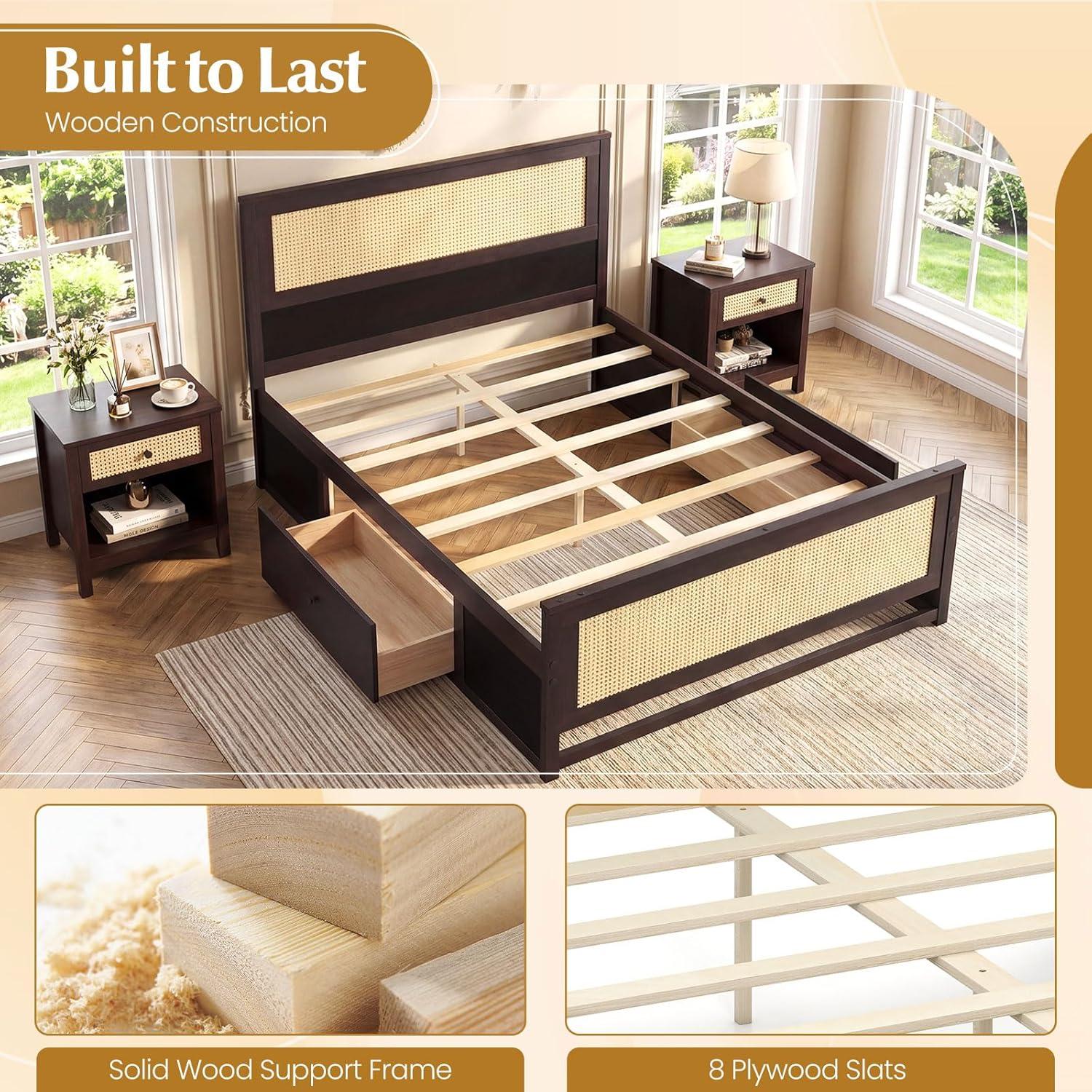 image:imageGiantex Rattan Bed Frame with 2 Storage Drawers Twin Size Boho Platform Beds wHeadboard amp Footboard Wood Mattress Foundation Twin Bed Frames for Kids Adults No Box Spring Needed White TwinEspresso