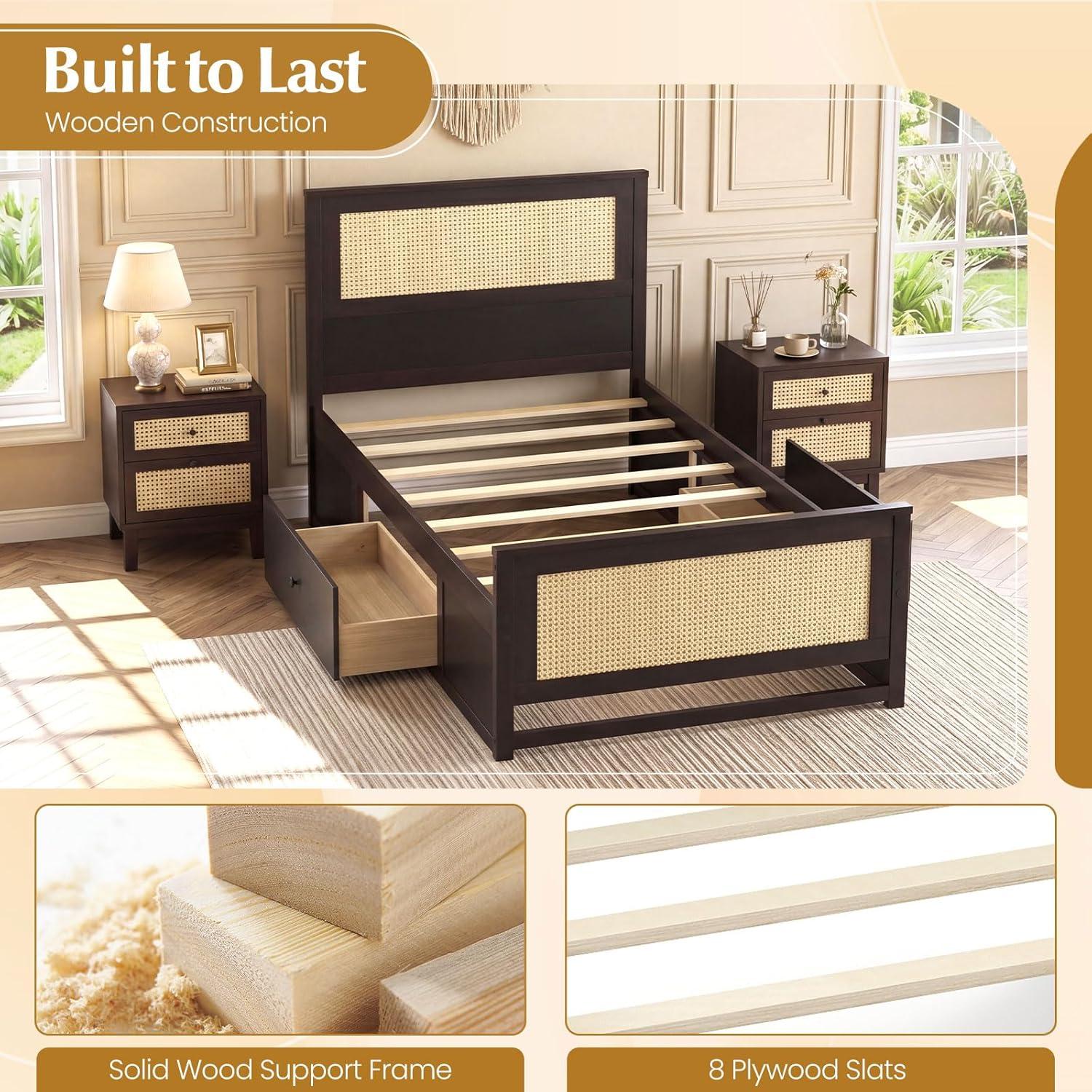 image:imageGiantex Rattan Bed Frame with 2 Storage Drawers Twin Size Boho Platform Beds wHeadboard amp Footboard Wood Mattress Foundation Twin Bed Frames for Kids Adults No Box Spring Needed White TwinEspresso