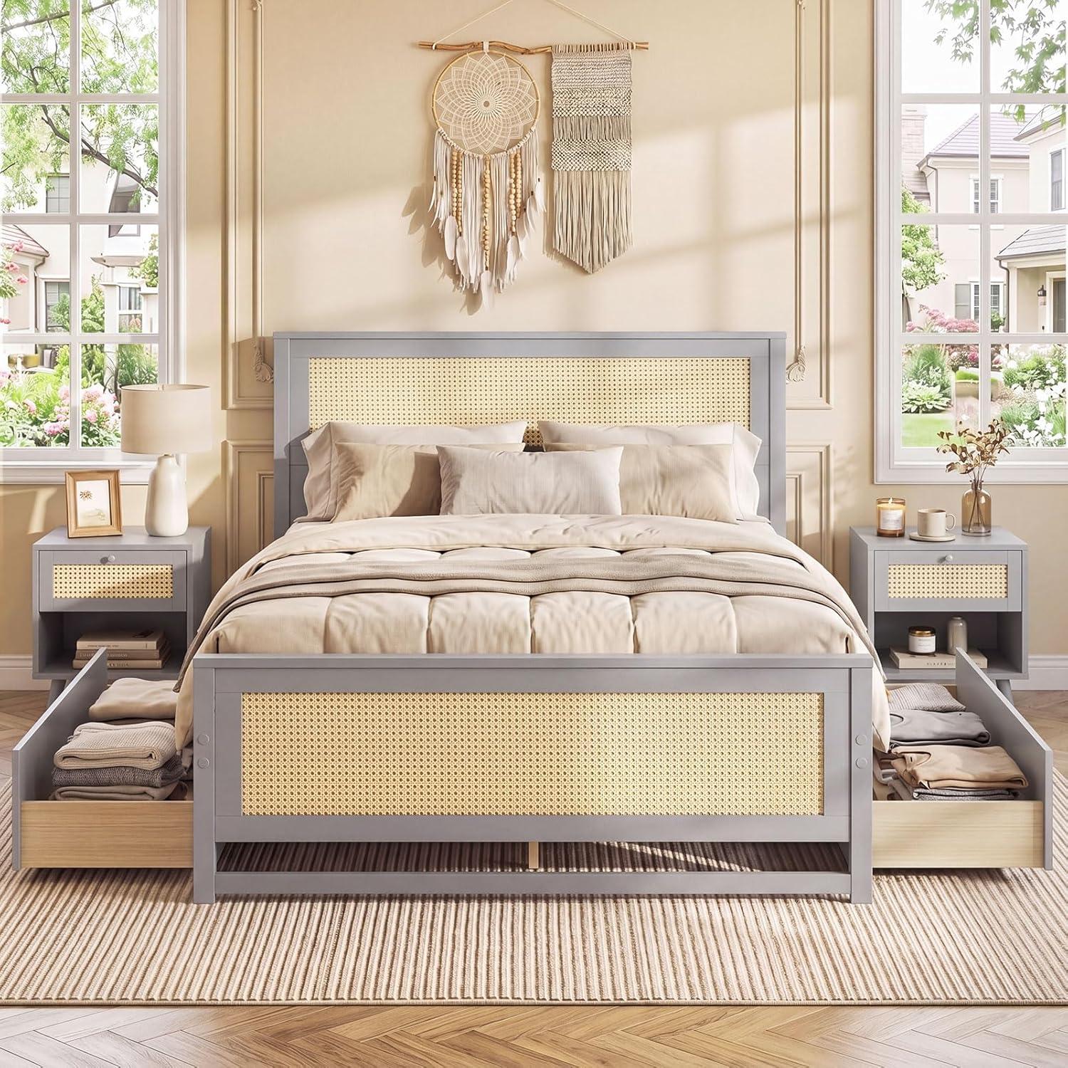 image:imageGiantex Rattan Bed Frame with 2 Storage Drawers Twin Size Boho Platform Beds wHeadboard amp Footboard Wood Mattress Foundation Twin Bed Frames for Kids Adults No Box Spring Needed White TwinGrey