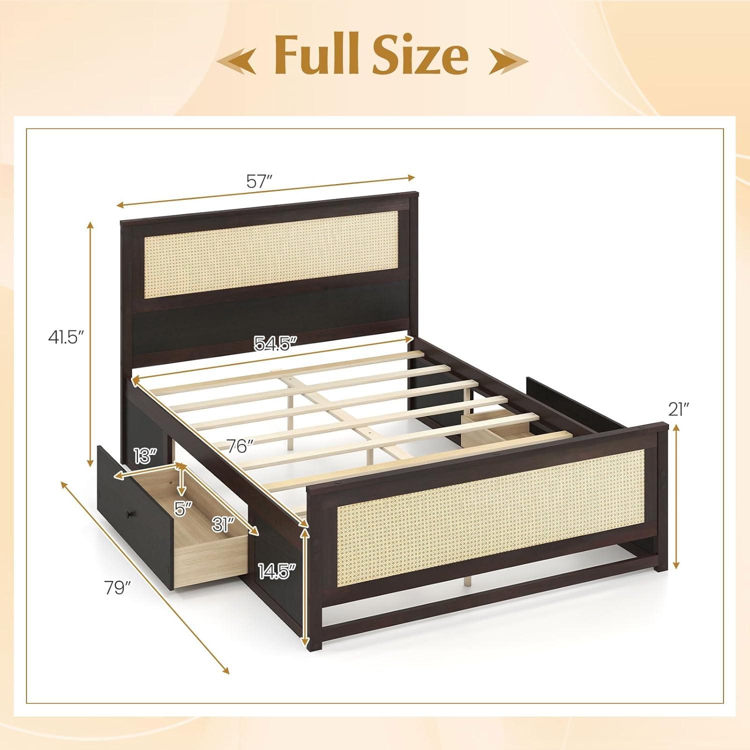 image:imageGiantex Rattan Bed Frame with 2 Storage Drawers Twin Size Boho Platform Beds wHeadboard amp Footboard Wood Mattress Foundation Twin Bed Frames for Kids Adults No Box Spring Needed White TwinEspresso