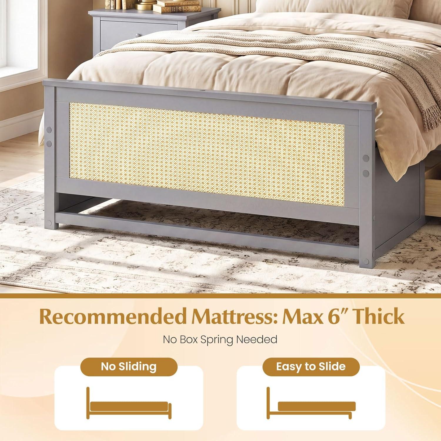 image:imageGiantex Rattan Bed Frame with 2 Storage Drawers Twin Size Boho Platform Beds wHeadboard amp Footboard Wood Mattress Foundation Twin Bed Frames for Kids Adults No Box Spring Needed White TwinGrey