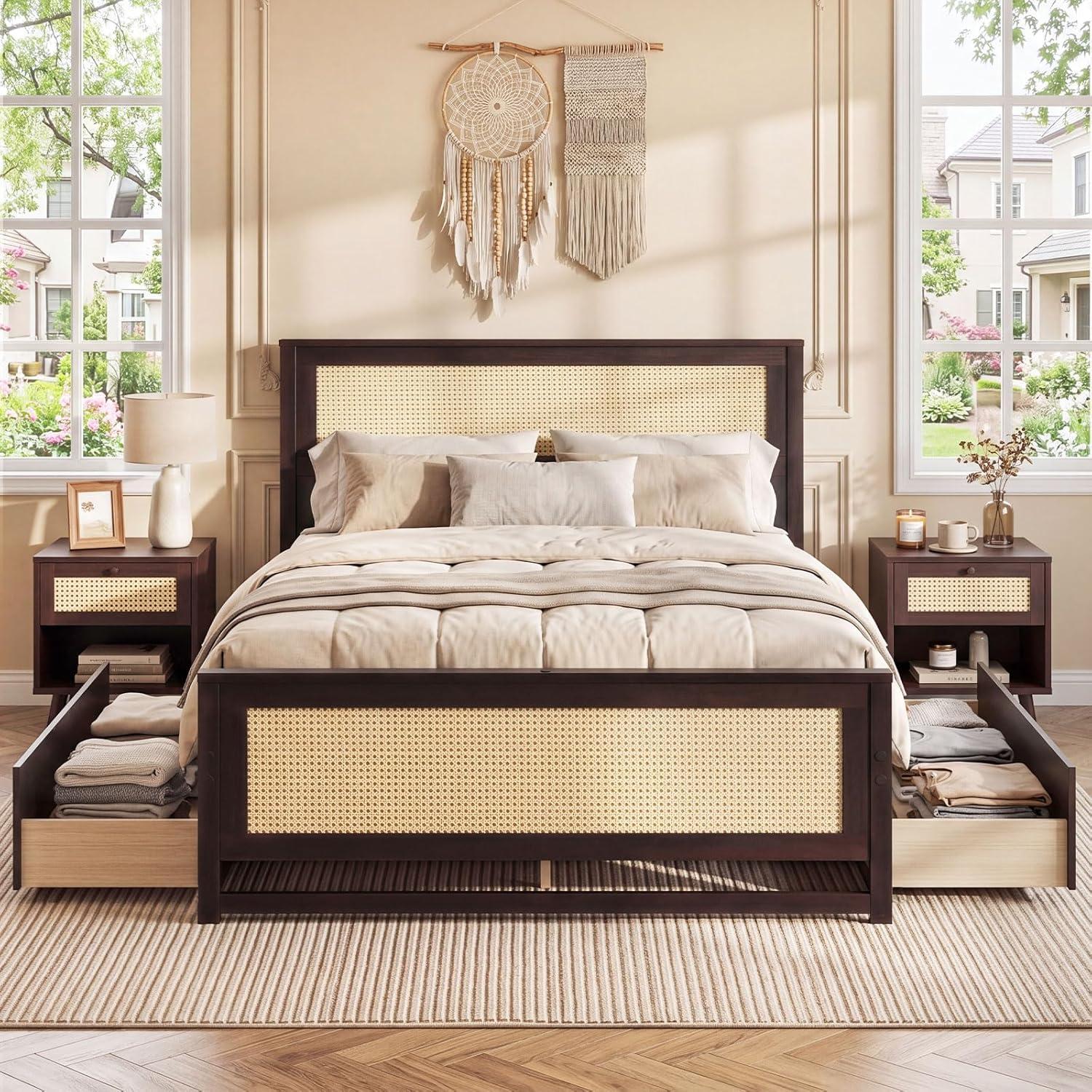 image:imageGiantex Rattan Bed Frame with 2 Storage Drawers Twin Size Boho Platform Beds wHeadboard amp Footboard Wood Mattress Foundation Twin Bed Frames for Kids Adults No Box Spring Needed White TwinEspresso