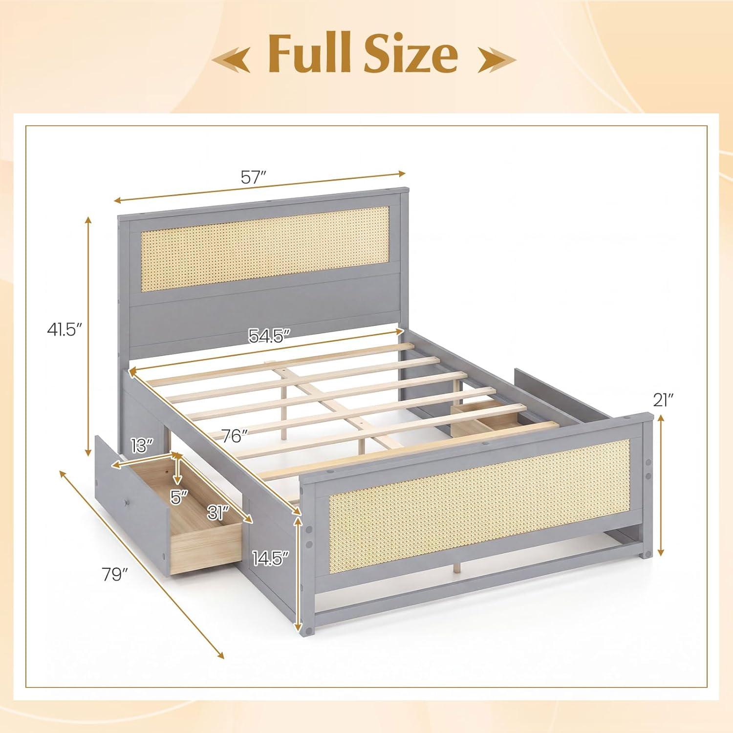 image:imageGiantex Rattan Bed Frame with 2 Storage Drawers Twin Size Boho Platform Beds wHeadboard amp Footboard Wood Mattress Foundation Twin Bed Frames for Kids Adults No Box Spring Needed White TwinGrey