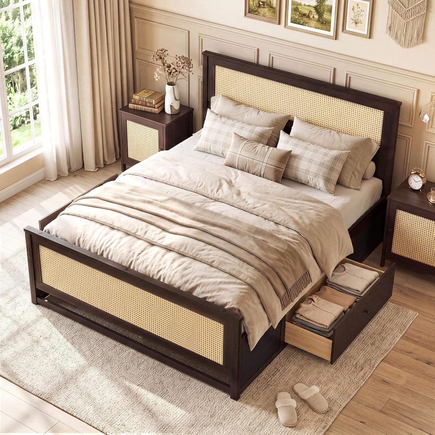 image:imageGiantex Rattan Bed Frame with 2 Storage Drawers Twin Size Boho Platform Beds wHeadboard amp Footboard Wood Mattress Foundation Twin Bed Frames for Kids Adults No Box Spring Needed White TwinEspresso