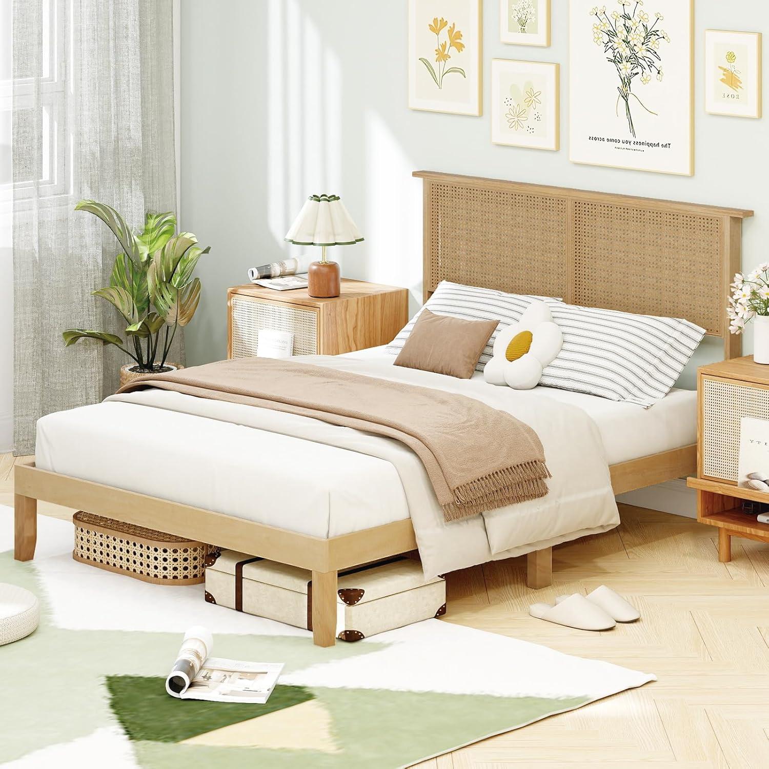 image:imageGiantex Rattan Twin Bed Frames for Kids Boho Platform Bed with Natural Wicker Headboard Solid Wood Foundation amp Support Slats UnderBed Storage Twin Size Bedframe for Adults No Box Spring NeededFull