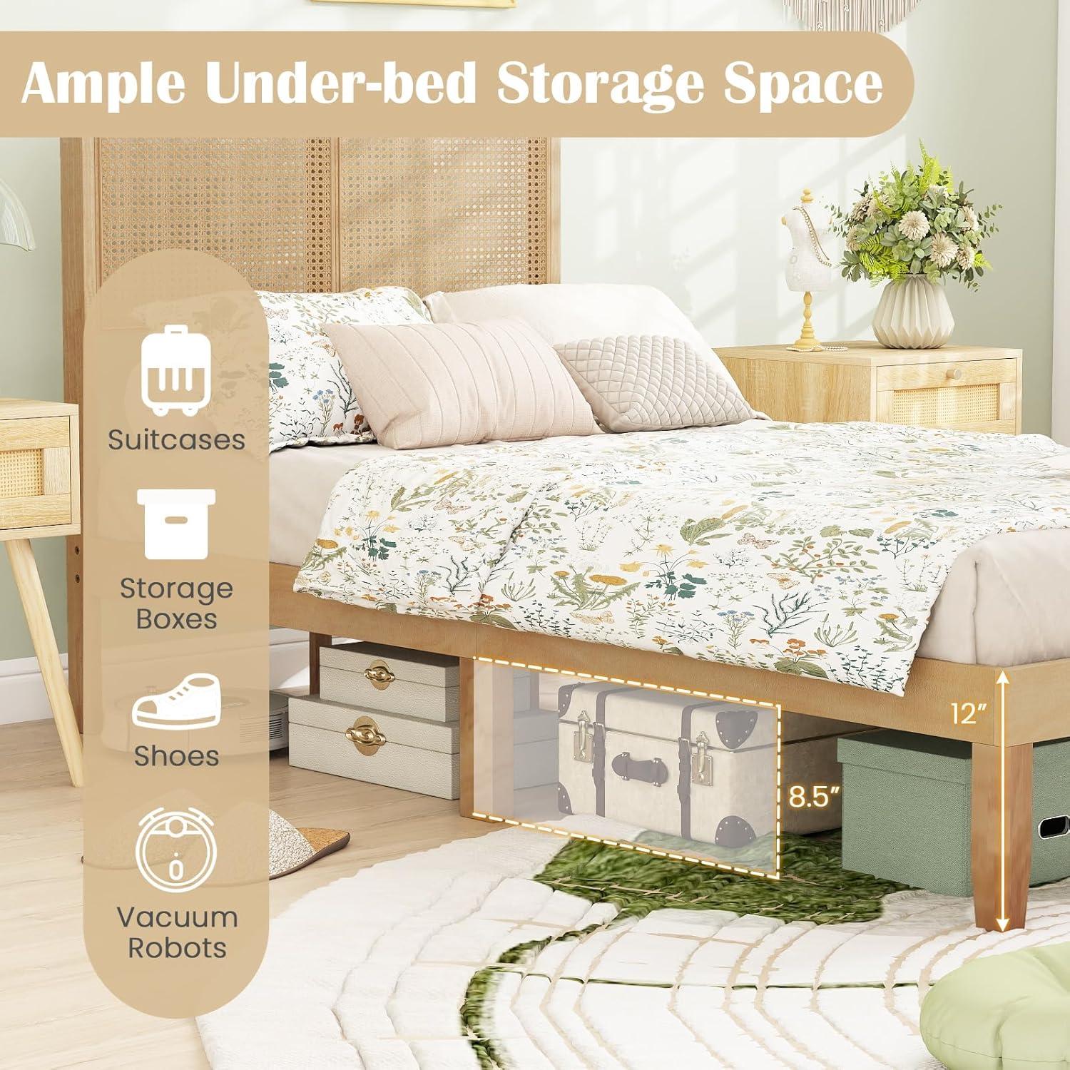 image:imageGiantex Rattan Twin Bed Frames for Kids Boho Platform Bed with Natural Wicker Headboard Solid Wood Foundation amp Support Slats UnderBed Storage Twin Size Bedframe for Adults No Box Spring NeededTwin
