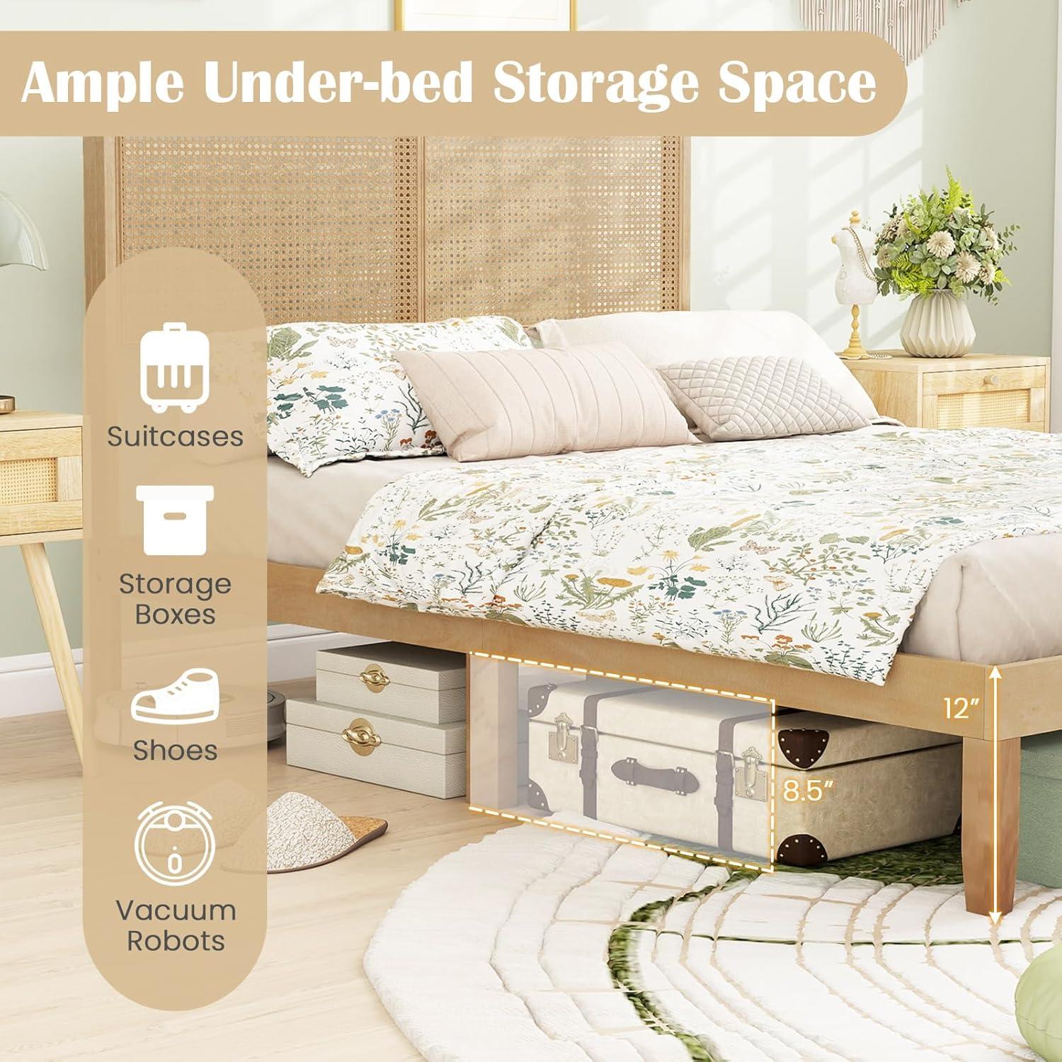image:imageGiantex Rattan Twin Bed Frames for Kids Boho Platform Bed with Natural Wicker Headboard Solid Wood Foundation amp Support Slats UnderBed Storage Twin Size Bedframe for Adults No Box Spring NeededFull