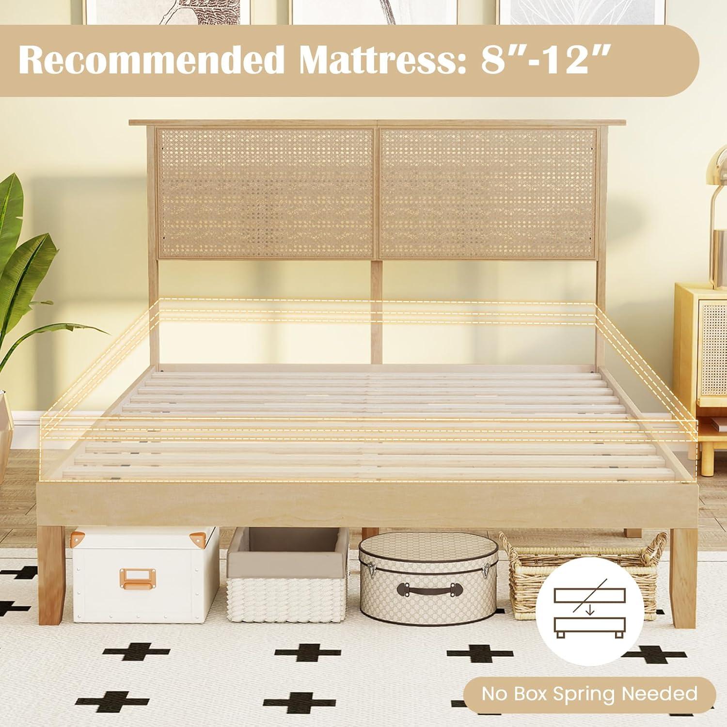image:imageGiantex Rattan Twin Bed Frames for Kids Boho Platform Bed with Natural Wicker Headboard Solid Wood Foundation amp Support Slats UnderBed Storage Twin Size Bedframe for Adults No Box Spring NeededFull