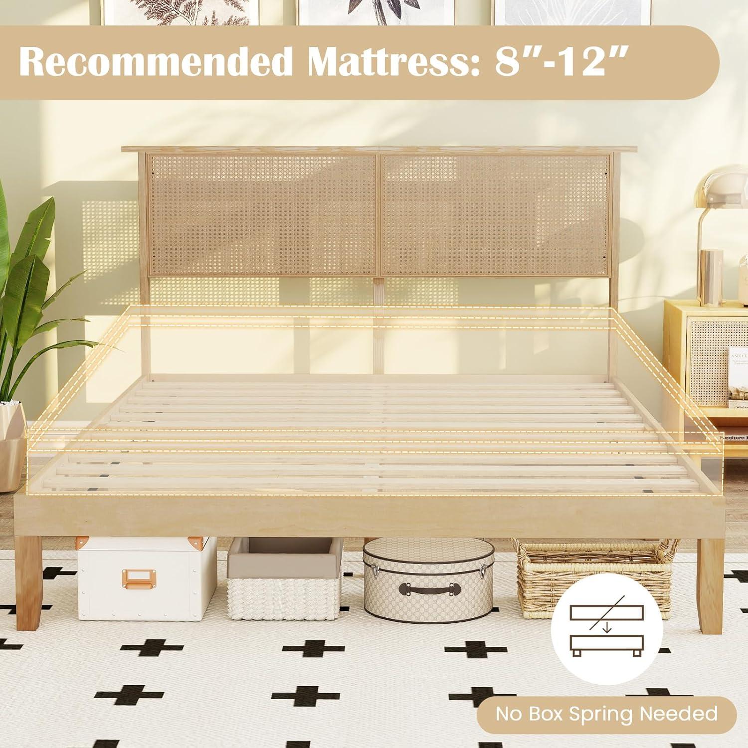 image:imageGiantex Rattan Twin Bed Frames for Kids Boho Platform Bed with Natural Wicker Headboard Solid Wood Foundation amp Support Slats UnderBed Storage Twin Size Bedframe for Adults No Box Spring NeededQueen