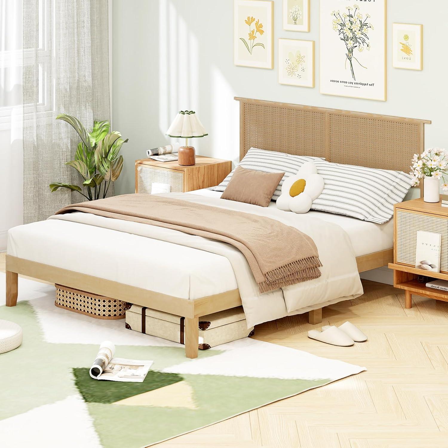 image:imageGiantex Rattan Twin Bed Frames for Kids Boho Platform Bed with Natural Wicker Headboard Solid Wood Foundation amp Support Slats UnderBed Storage Twin Size Bedframe for Adults No Box Spring NeededQueen