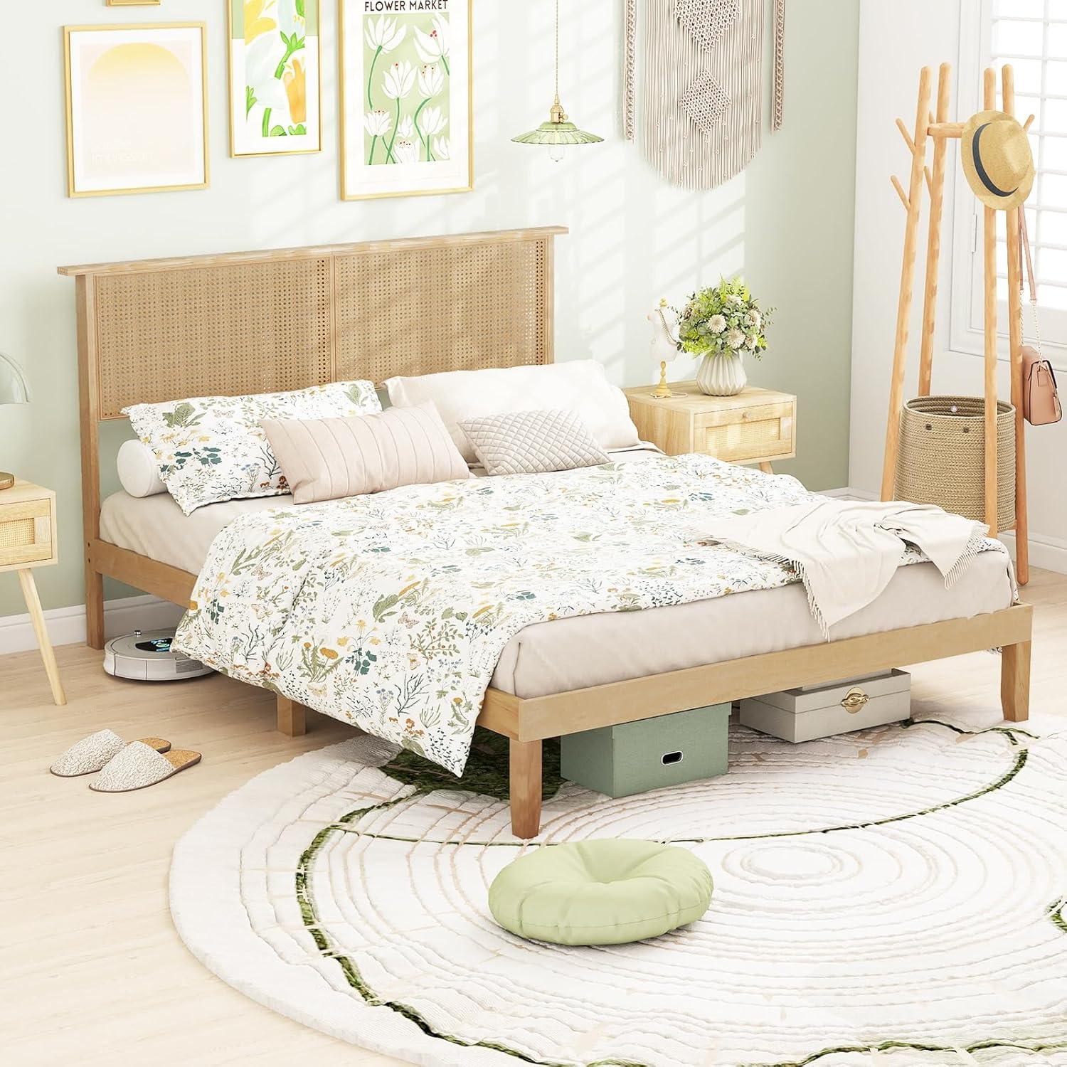 image:imageGiantex Rattan Twin Bed Frames for Kids Boho Platform Bed with Natural Wicker Headboard Solid Wood Foundation amp Support Slats UnderBed Storage Twin Size Bedframe for Adults No Box Spring NeededQueen