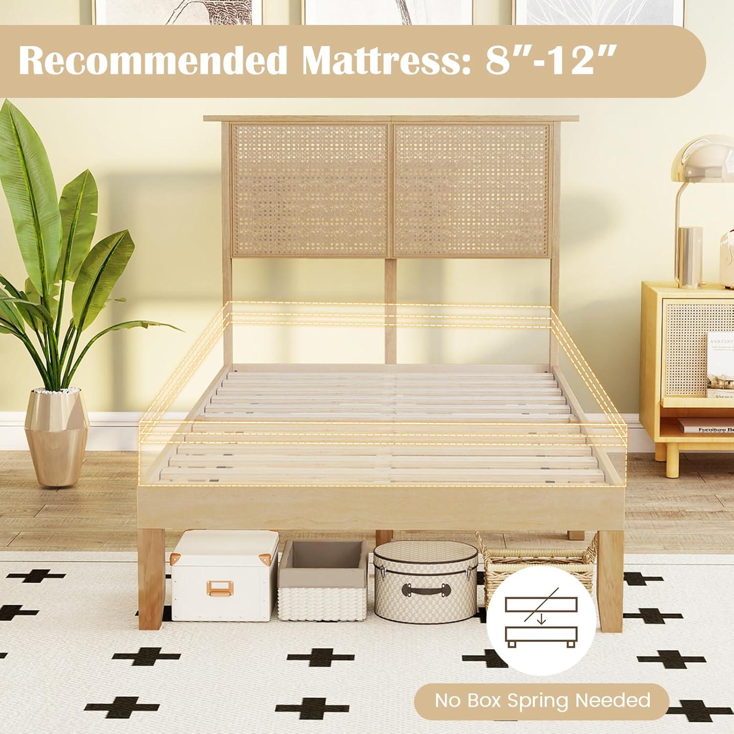 image:imageGiantex Rattan Twin Bed Frames for Kids Boho Platform Bed with Natural Wicker Headboard Solid Wood Foundation amp Support Slats UnderBed Storage Twin Size Bedframe for Adults No Box Spring NeededTwin