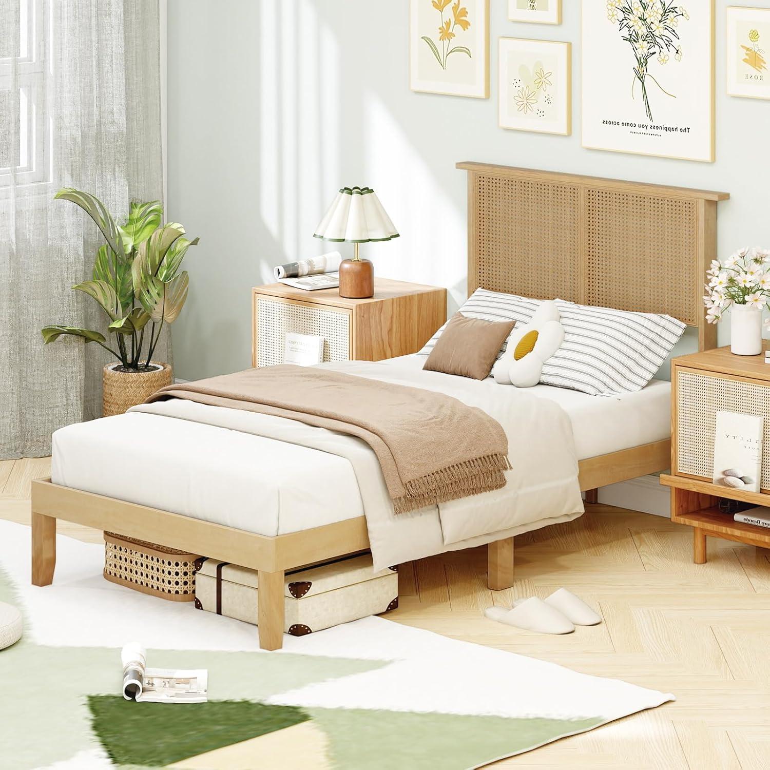 image:imageGiantex Rattan Twin Bed Frames for Kids Boho Platform Bed with Natural Wicker Headboard Solid Wood Foundation amp Support Slats UnderBed Storage Twin Size Bedframe for Adults No Box Spring NeededTwin