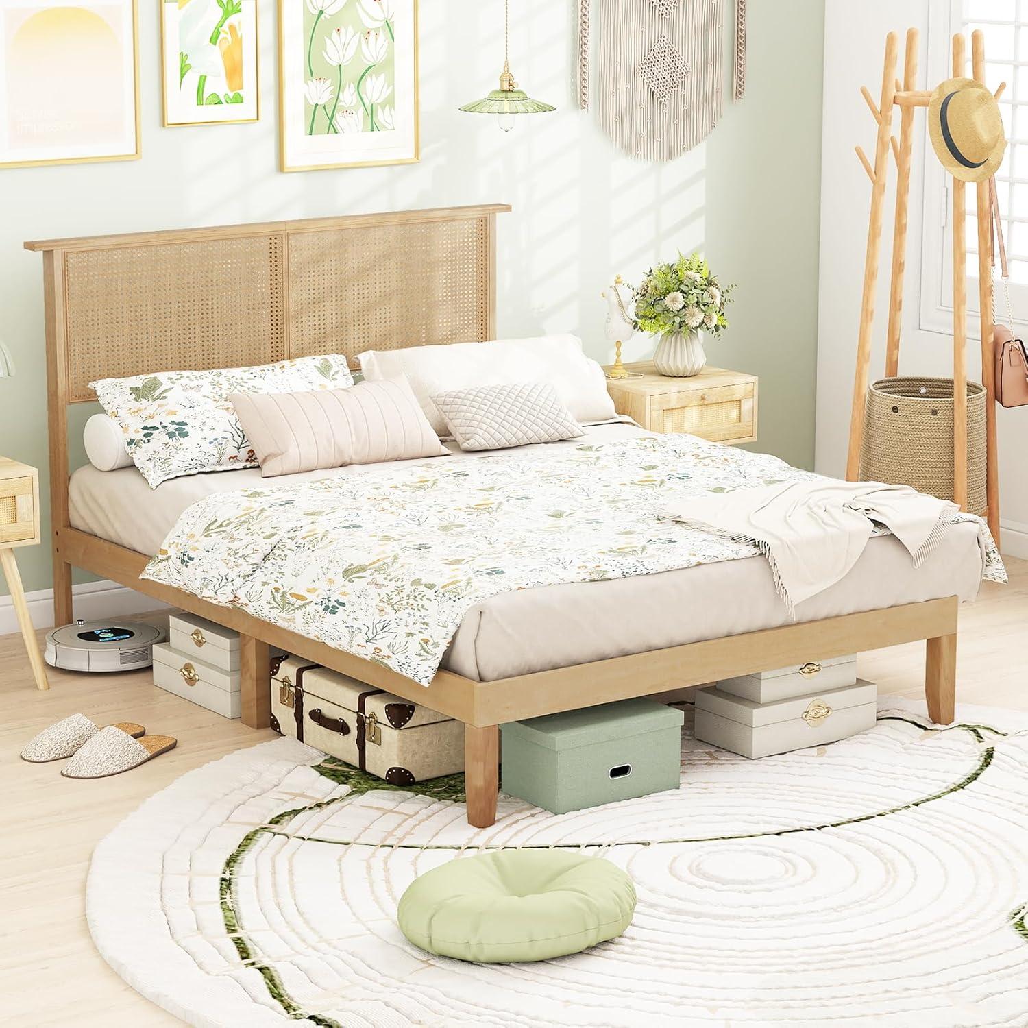 image:imageGiantex Rattan Twin Bed Frames for Kids Boho Platform Bed with Natural Wicker Headboard Solid Wood Foundation amp Support Slats UnderBed Storage Twin Size Bedframe for Adults No Box Spring NeededFull