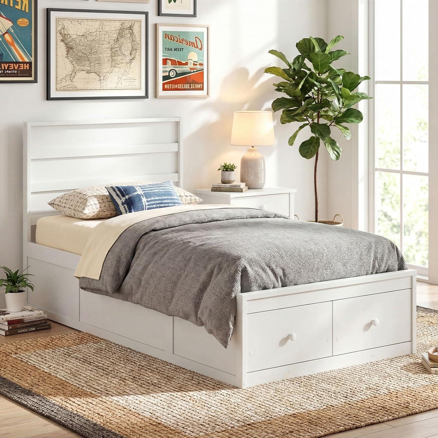 image:imageGiantex Twin Bed Frames for Kids with Storage Drawers Wood Platform Bed with Headboard Solid Mattress Foundation wWooden Slat Support amp Enclosed Base No Box Spring Needed White TwinWhite