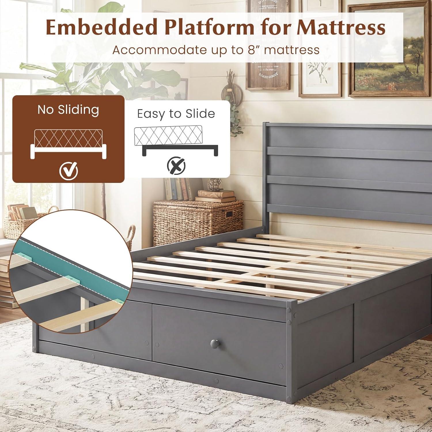 image:imageGiantex Twin Bed Frames for Kids with Storage Drawers Wood Platform Bed with Headboard Solid Mattress Foundation wWooden Slat Support amp Enclosed Base No Box Spring Needed White TwinGrey