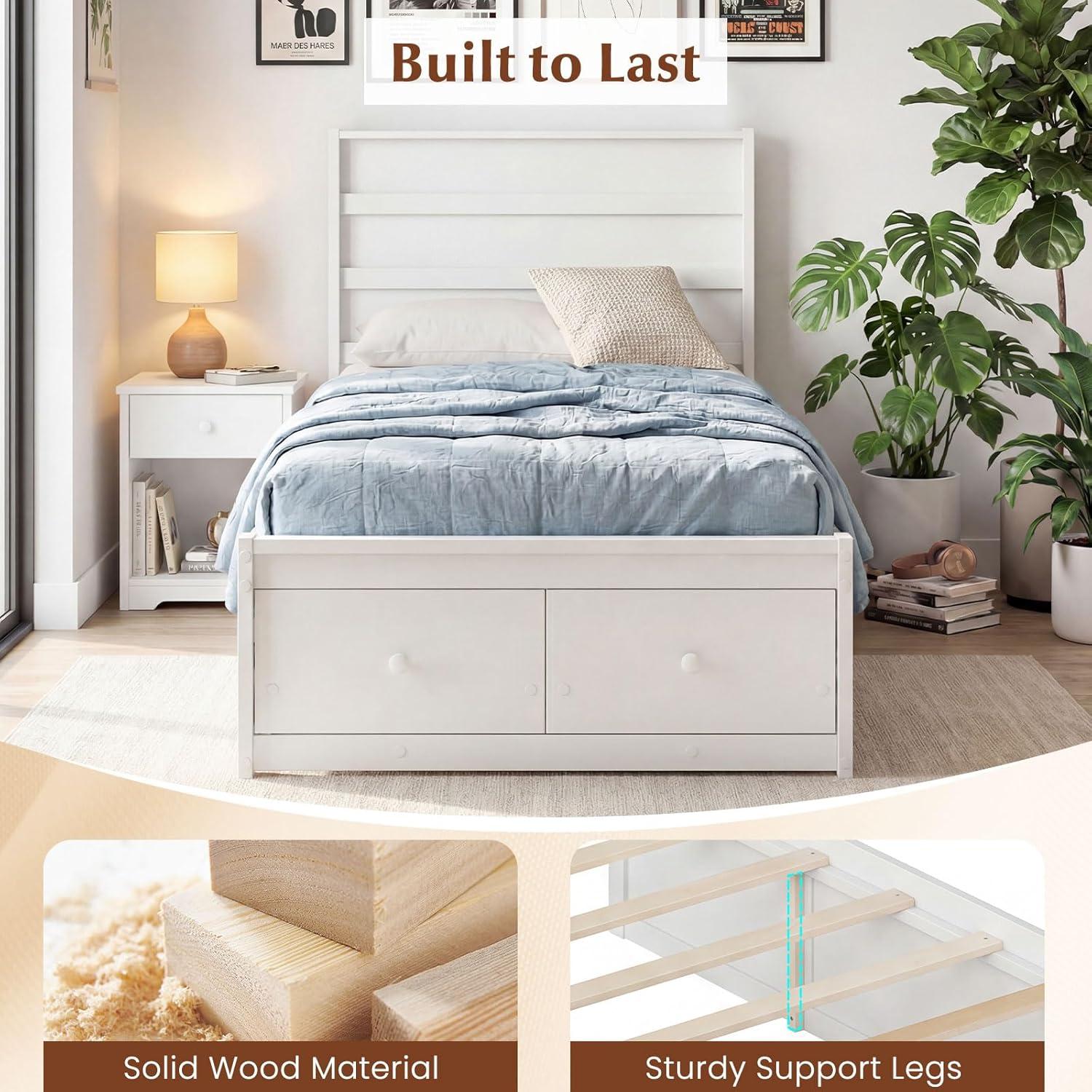 image:imageGiantex Twin Bed Frames for Kids with Storage Drawers Wood Platform Bed with Headboard Solid Mattress Foundation wWooden Slat Support amp Enclosed Base No Box Spring Needed White TwinWhite