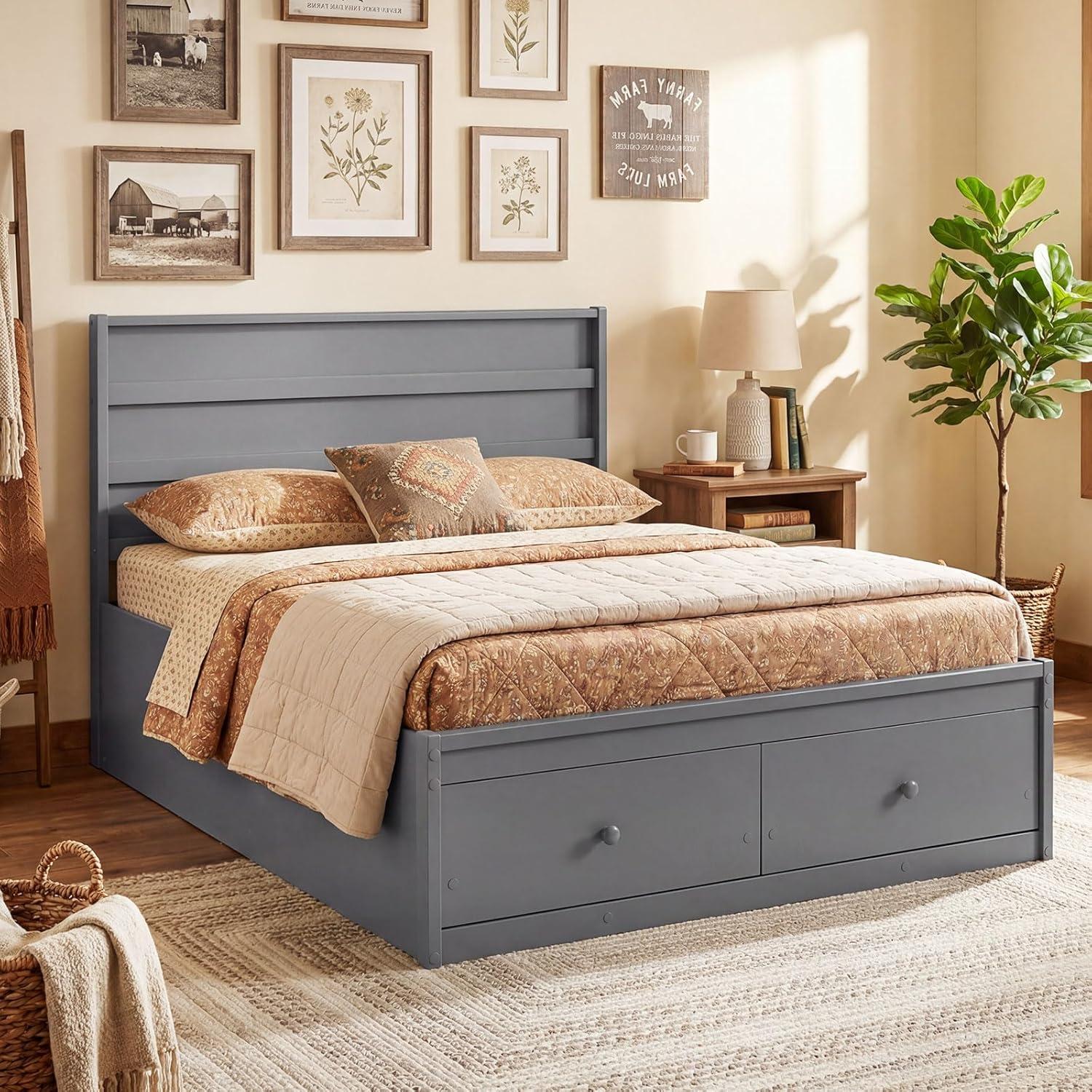 image:imageGiantex Twin Bed Frames for Kids with Storage Drawers Wood Platform Bed with Headboard Solid Mattress Foundation wWooden Slat Support amp Enclosed Base No Box Spring Needed White TwinGrey