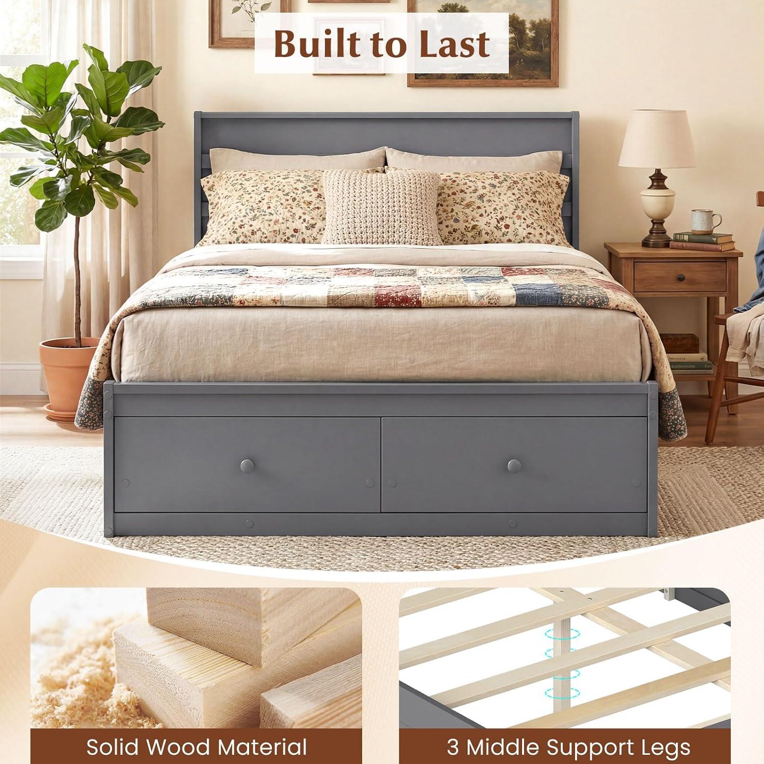 image:imageGiantex Twin Bed Frames for Kids with Storage Drawers Wood Platform Bed with Headboard Solid Mattress Foundation wWooden Slat Support amp Enclosed Base No Box Spring Needed White TwinGrey