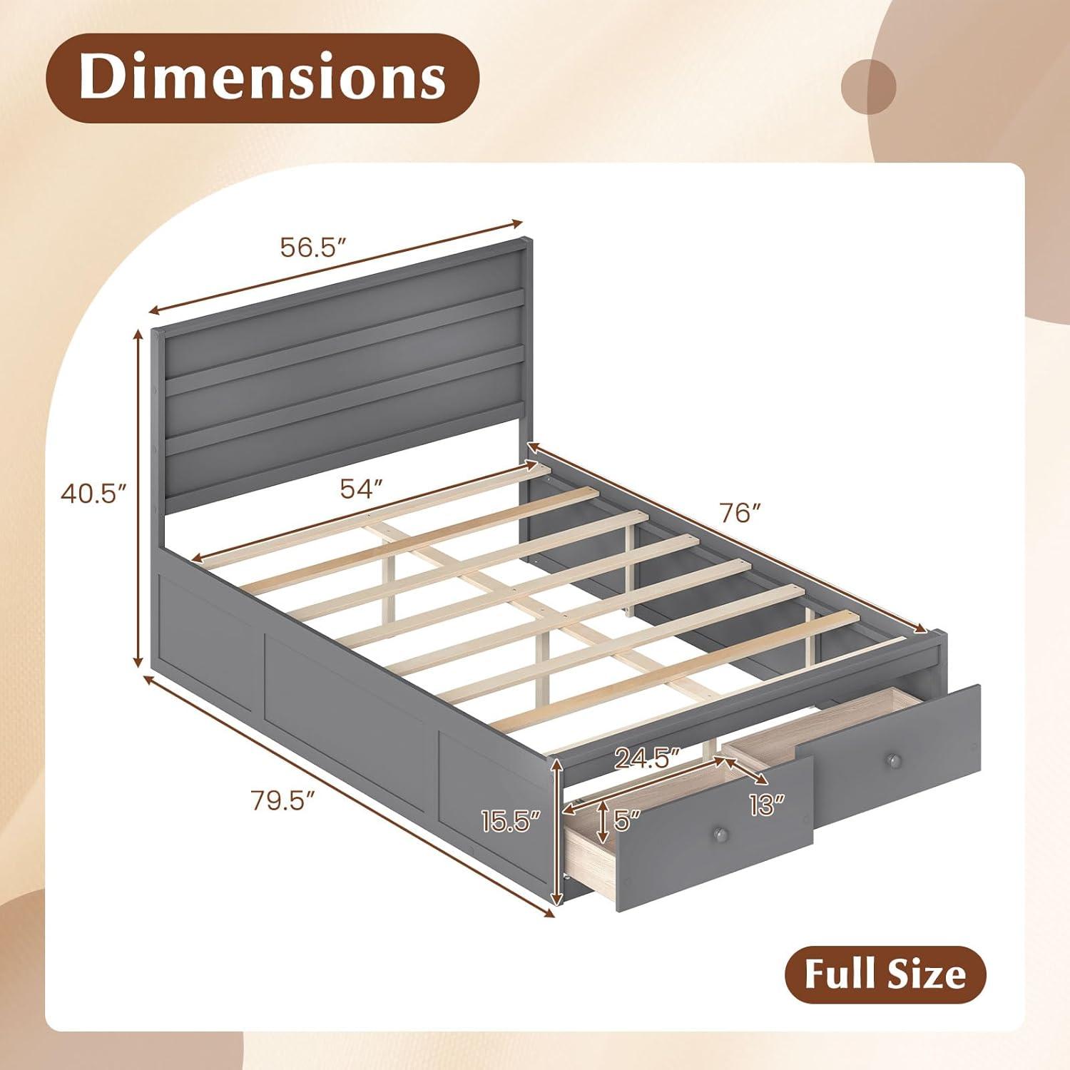 image:imageGiantex Twin Bed Frames for Kids with Storage Drawers Wood Platform Bed with Headboard Solid Mattress Foundation wWooden Slat Support amp Enclosed Base No Box Spring Needed White TwinGrey