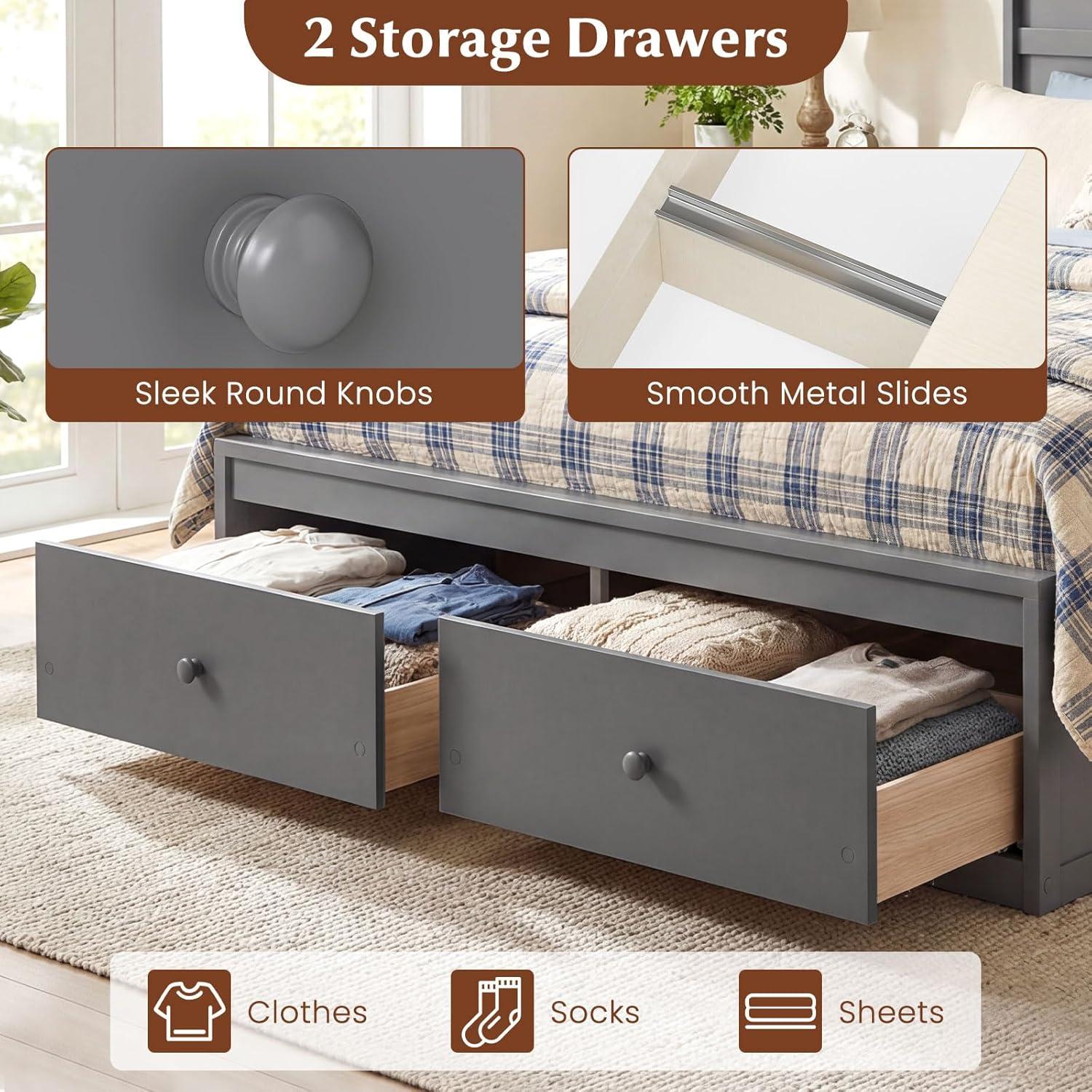 image:imageGiantex Twin Bed Frames for Kids with Storage Drawers Wood Platform Bed with Headboard Solid Mattress Foundation wWooden Slat Support amp Enclosed Base No Box Spring Needed White TwinGrey