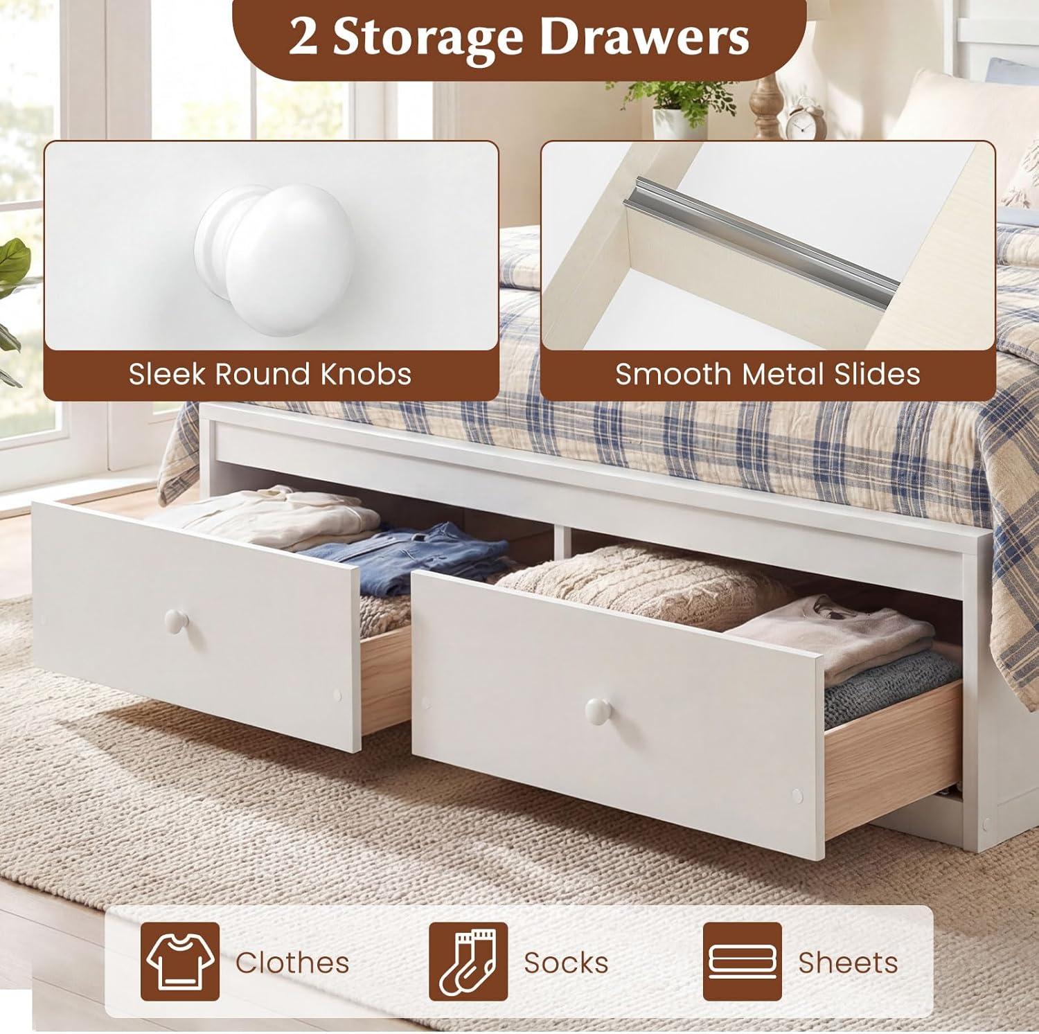 image:imageGiantex Twin Bed Frames for Kids with Storage Drawers Wood Platform Bed with Headboard Solid Mattress Foundation wWooden Slat Support amp Enclosed Base No Box Spring Needed White TwinWhite