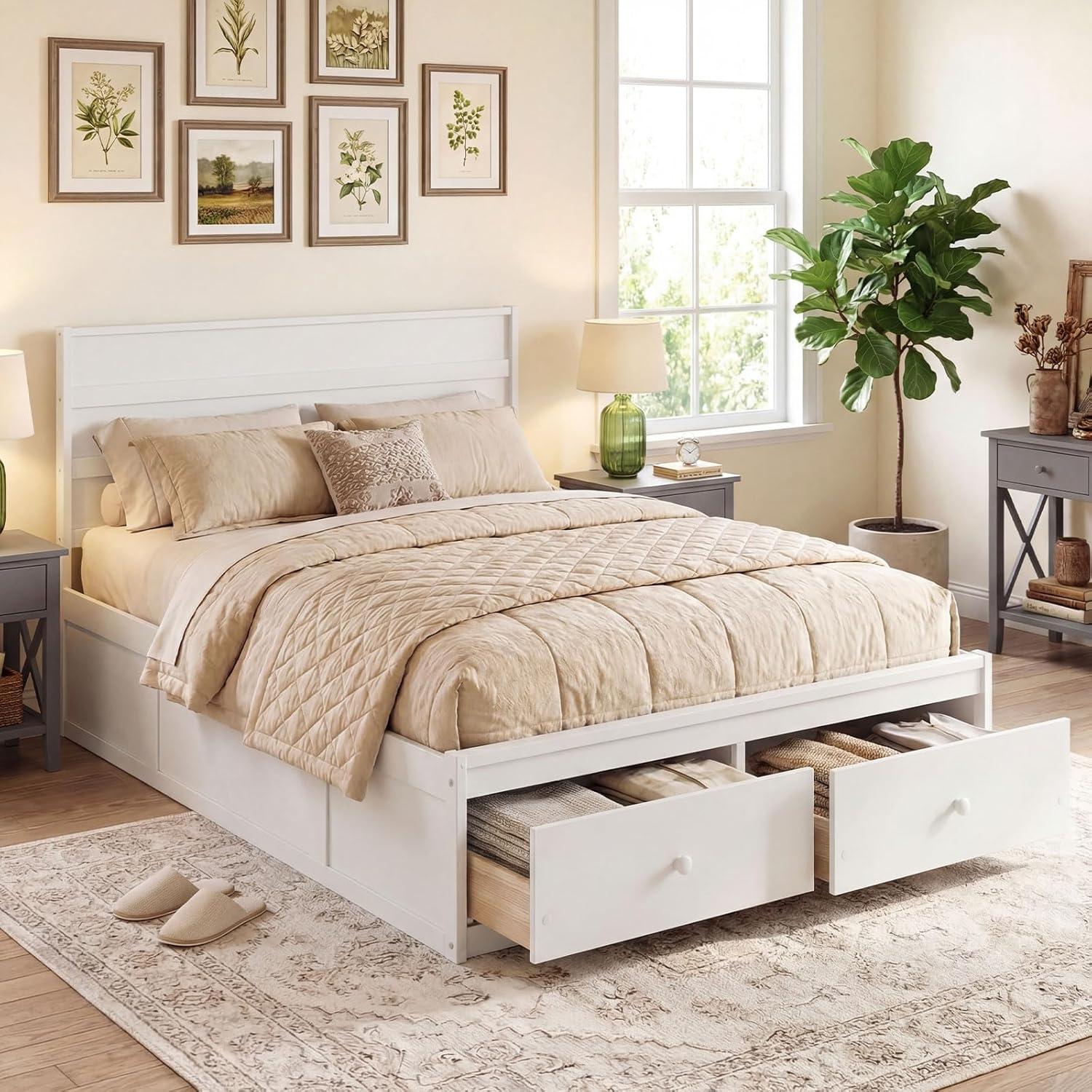 image:imageGiantex Twin Bed Frames for Kids with Storage Drawers Wood Platform Bed with Headboard Solid Mattress Foundation wWooden Slat Support amp Enclosed Base No Box Spring Needed White TwinWhite