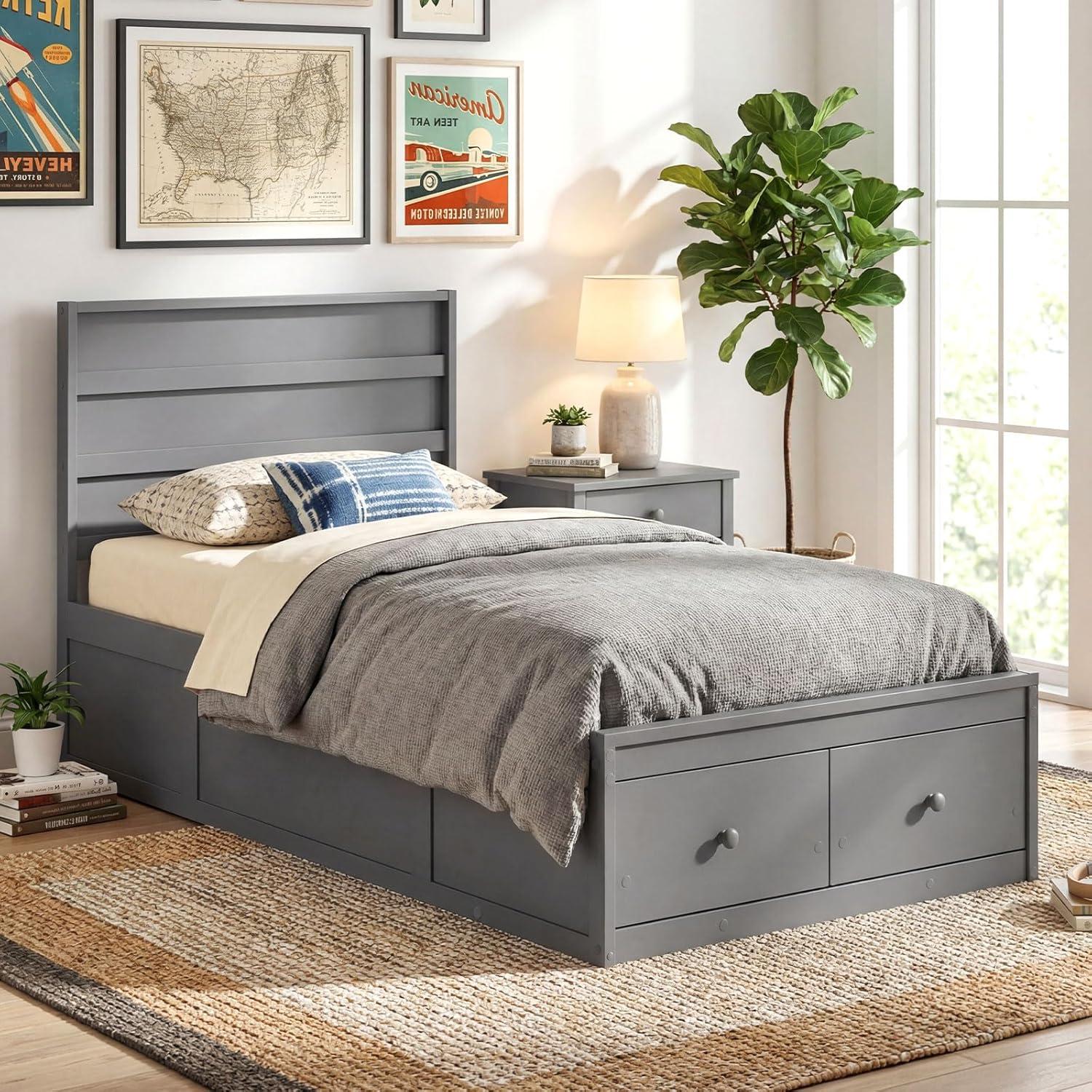 image:imageGiantex Twin Bed Frames for Kids with Storage Drawers Wood Platform Bed with Headboard Solid Mattress Foundation wWooden Slat Support amp Enclosed Base No Box Spring Needed White TwinGrey