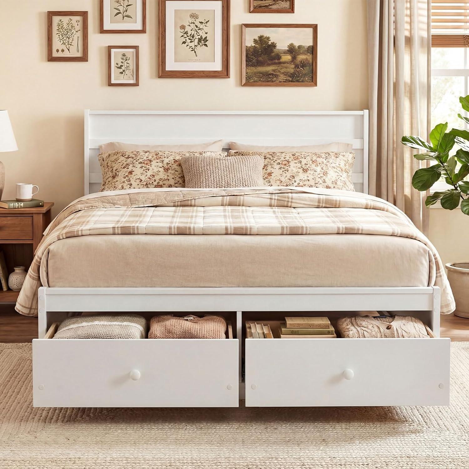 image:imageGiantex Twin Bed Frames for Kids with Storage Drawers Wood Platform Bed with Headboard Solid Mattress Foundation wWooden Slat Support amp Enclosed Base No Box Spring Needed White TwinWhite