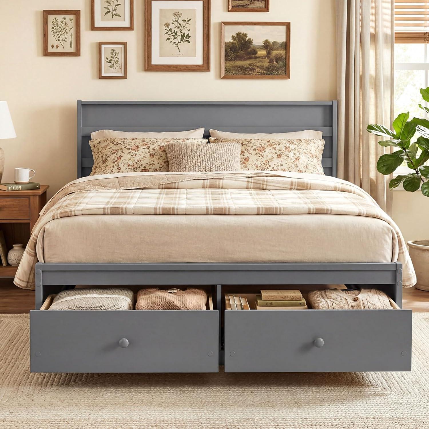 image:imageGiantex Twin Bed Frames for Kids with Storage Drawers Wood Platform Bed with Headboard Solid Mattress Foundation wWooden Slat Support amp Enclosed Base No Box Spring Needed White TwinGrey