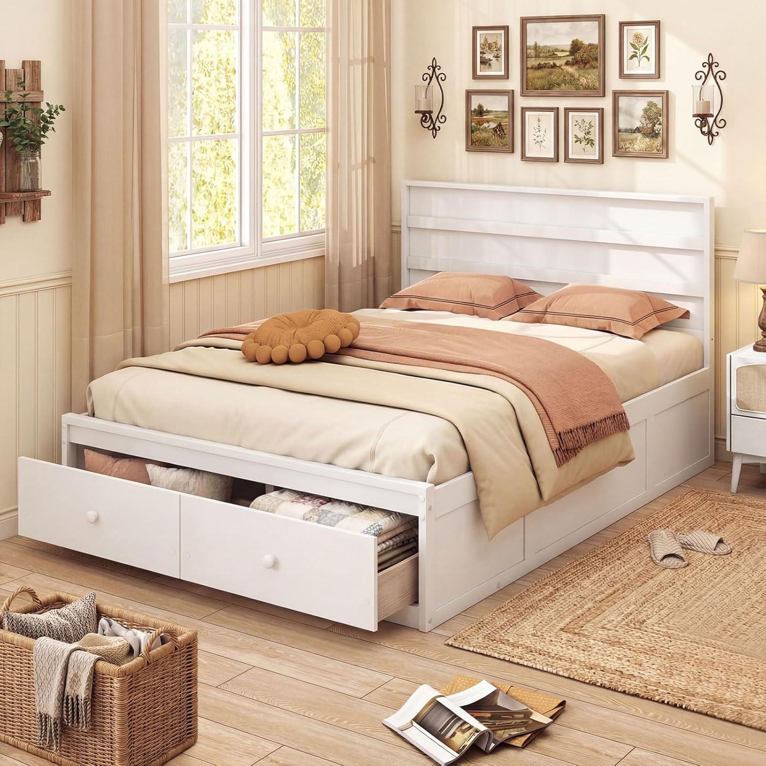 image:imageGiantex Twin Bed Frames for Kids with Storage Drawers Wood Platform Bed with Headboard Solid Mattress Foundation wWooden Slat Support amp Enclosed Base No Box Spring Needed White TwinWhite