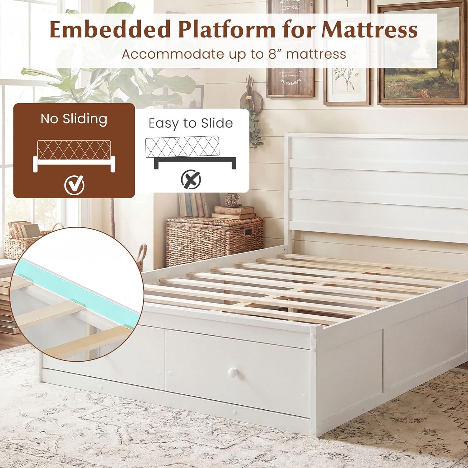 image:imageGiantex Twin Bed Frames for Kids with Storage Drawers Wood Platform Bed with Headboard Solid Mattress Foundation wWooden Slat Support amp Enclosed Base No Box Spring Needed White TwinWhite