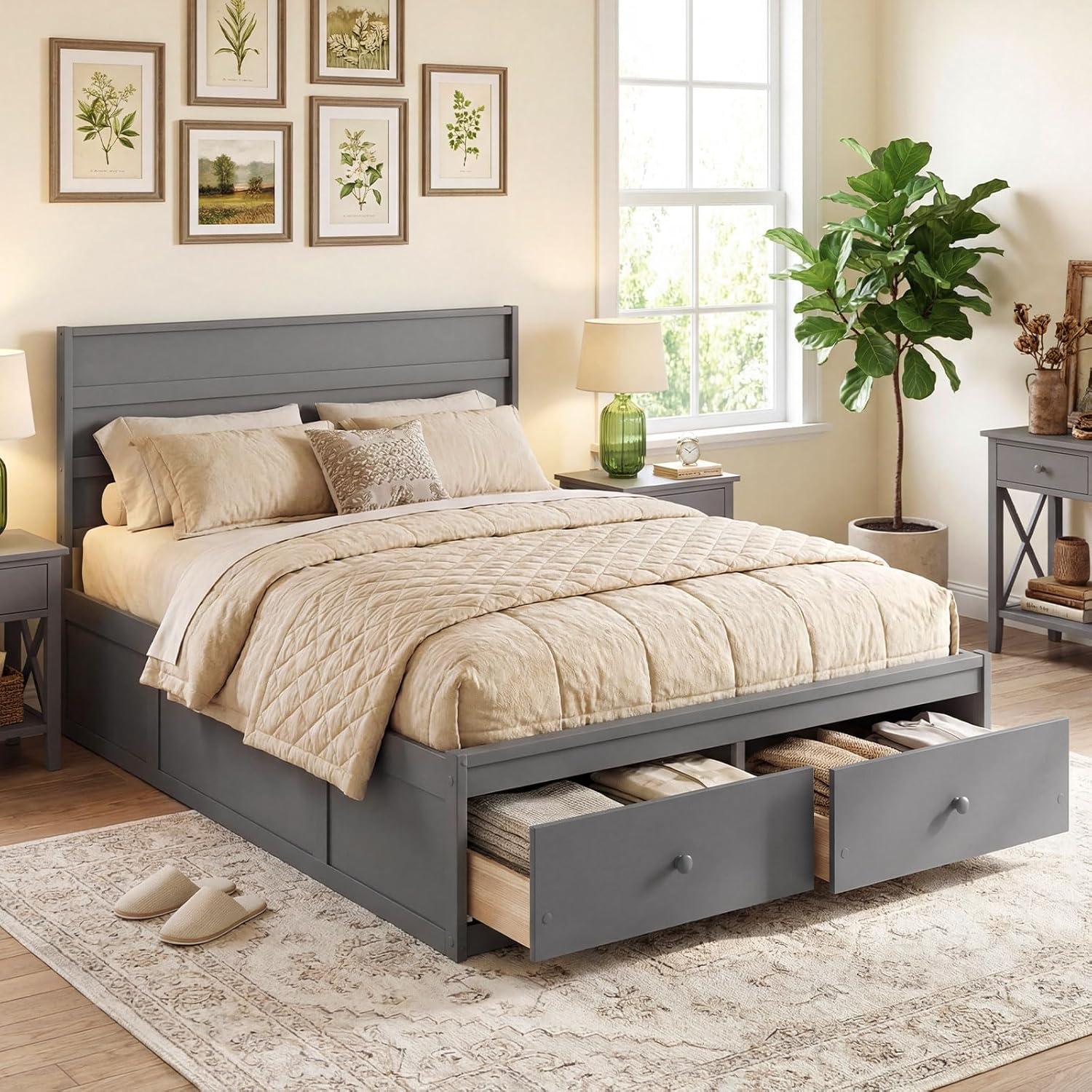 image:imageGiantex Twin Bed Frames for Kids with Storage Drawers Wood Platform Bed with Headboard Solid Mattress Foundation wWooden Slat Support amp Enclosed Base No Box Spring Needed White TwinGrey