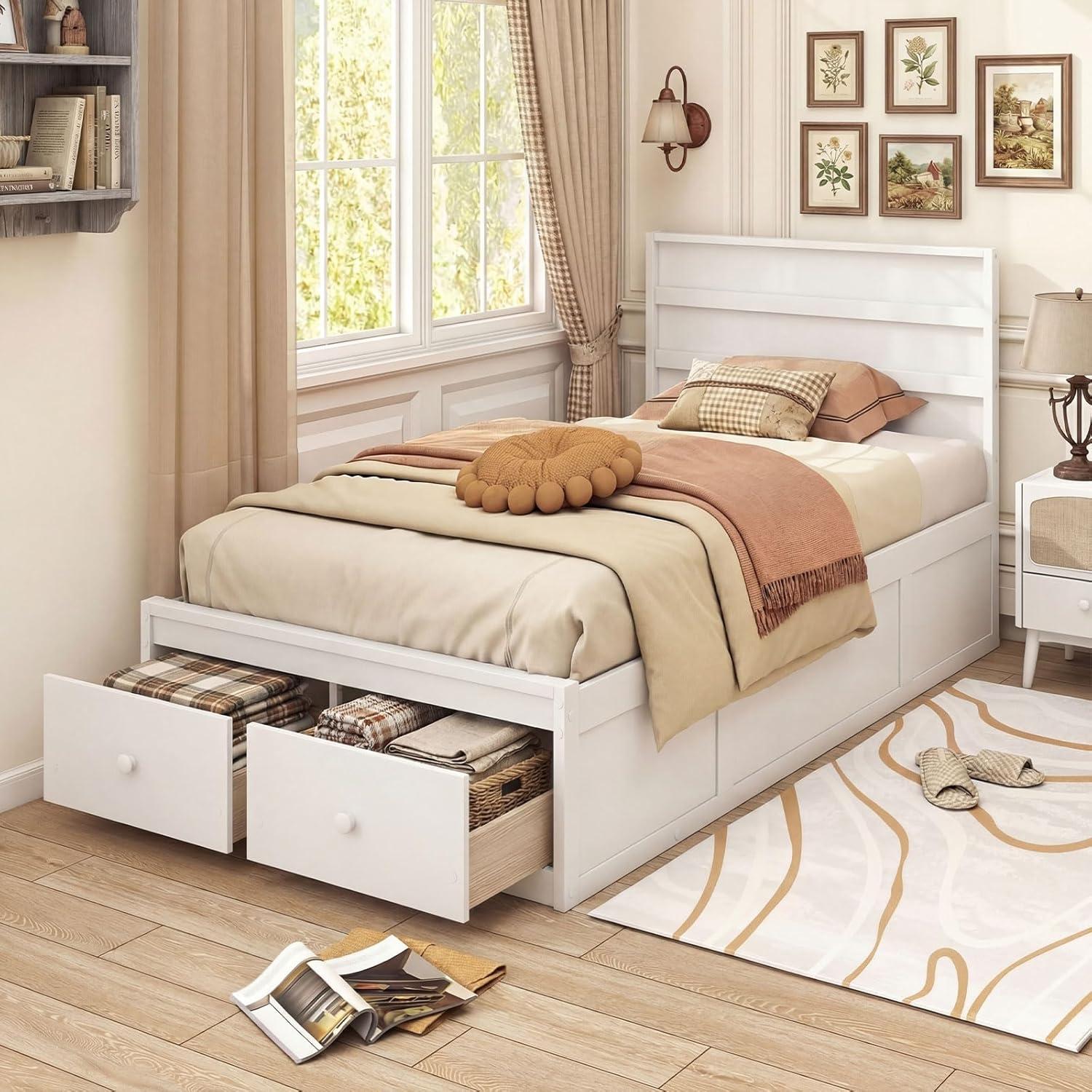 image:imageGiantex Twin Bed Frames for Kids with Storage Drawers Wood Platform Bed with Headboard Solid Mattress Foundation wWooden Slat Support amp Enclosed Base No Box Spring Needed White TwinWhite