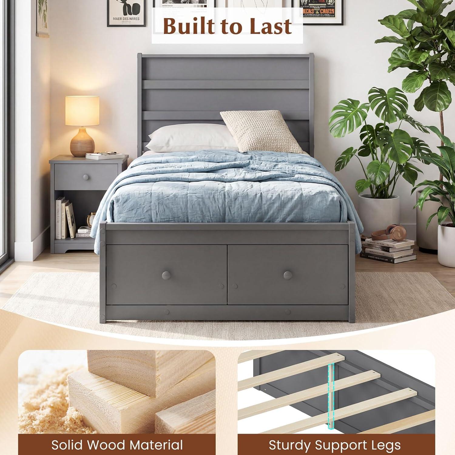image:imageGiantex Twin Bed Frames for Kids with Storage Drawers Wood Platform Bed with Headboard Solid Mattress Foundation wWooden Slat Support amp Enclosed Base No Box Spring Needed White TwinGrey