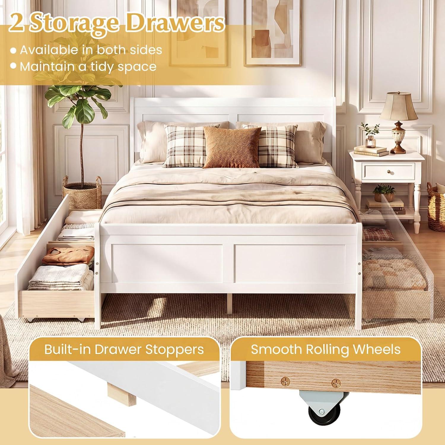 image:imageGiantex Twin Bed with 2 Storage Drawers Wood Platform Bed with Headboard amp Footboard Wooden Slats Support Mattress Foundation Twin Bed Frames for Kids Teens Adults No Box Spring Needed GreyWhite